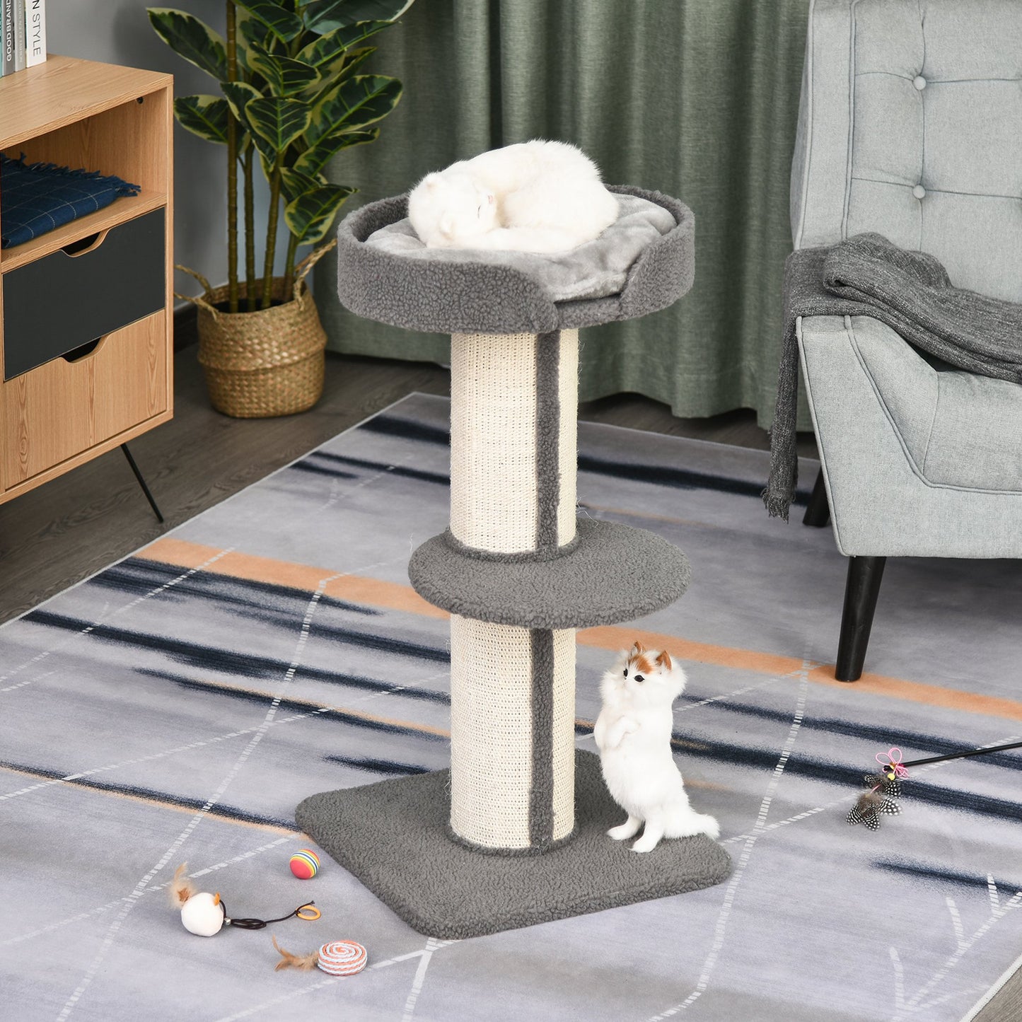 PawHut Cats 2-Tier Scratching Tree w/ Bed Grey