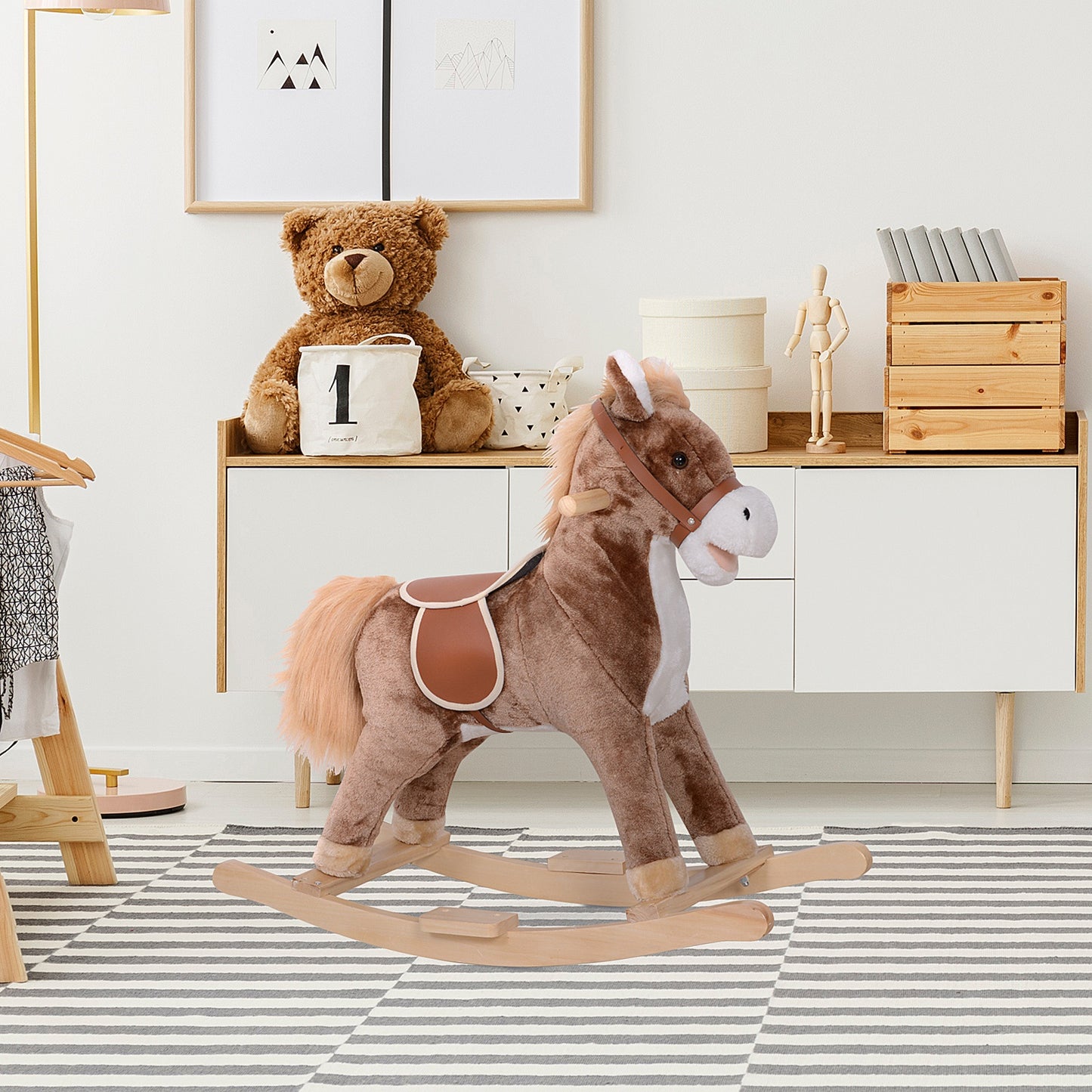 HOMCOM Kids Plush Rocking Horse-Brown/White
