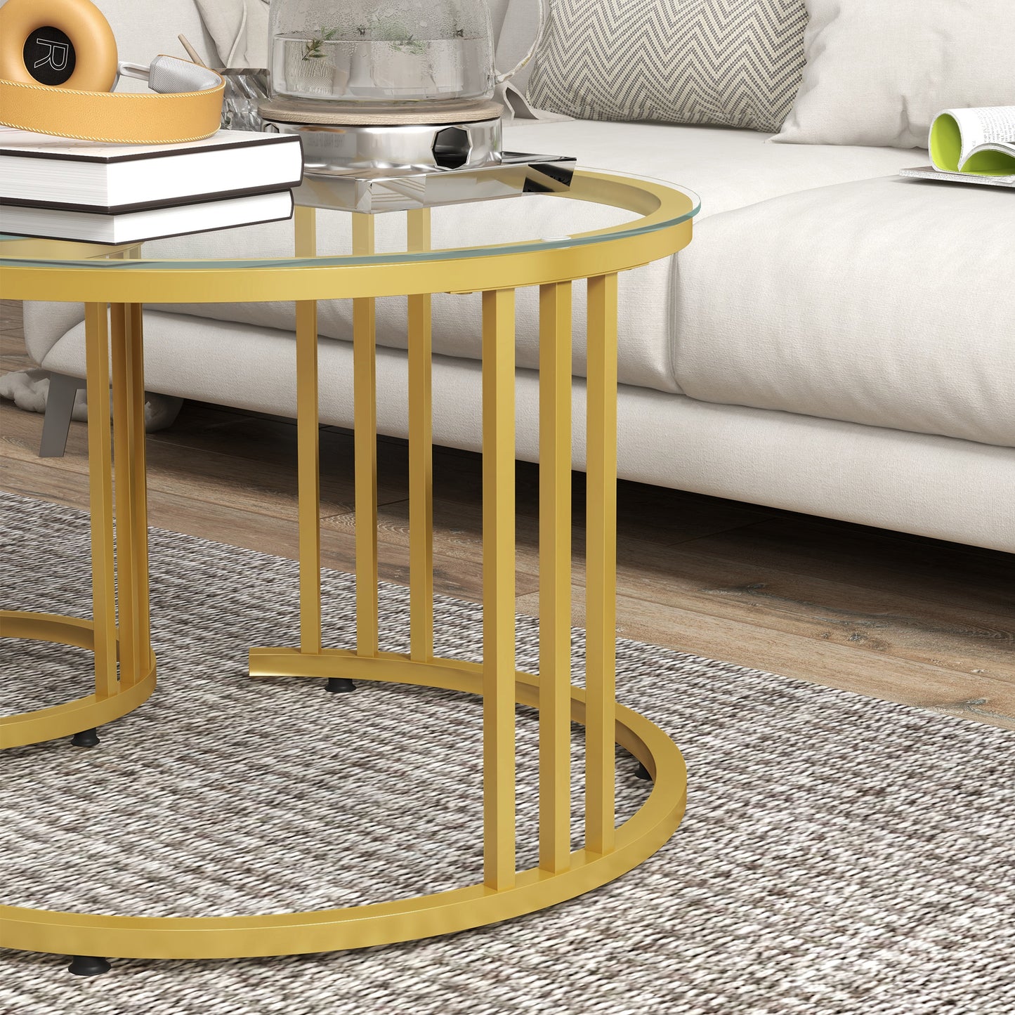 HOMCOM Round Coffee Tables Set of 2 Nesting Tables with Tempered Glass Top and Steel Frame 60cmx60cmx47cm Gold Tone