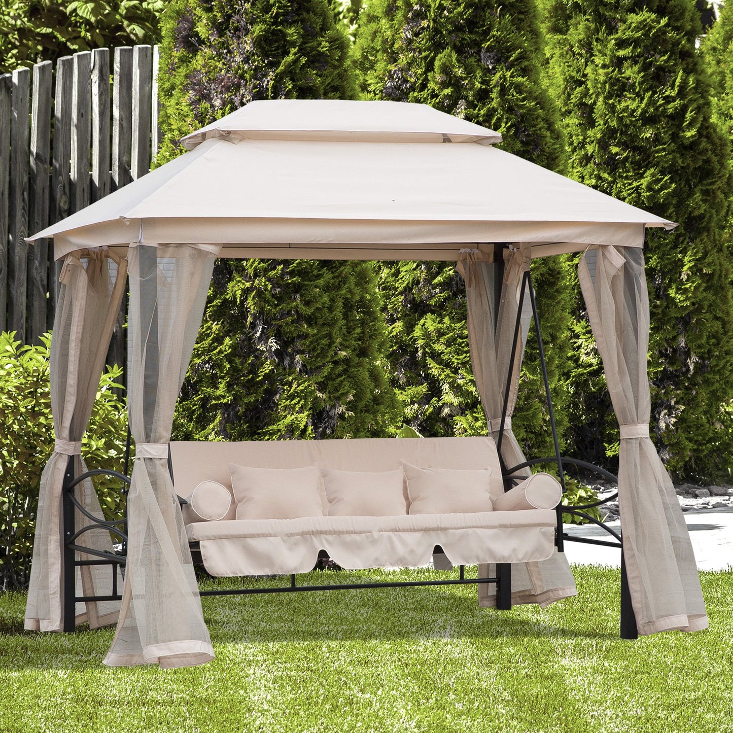 Outsunny 2-in-1 Convertible Gazebo Swing Chair Bed W/Netting, 245Lx165Wx243H cm-Beige/Black