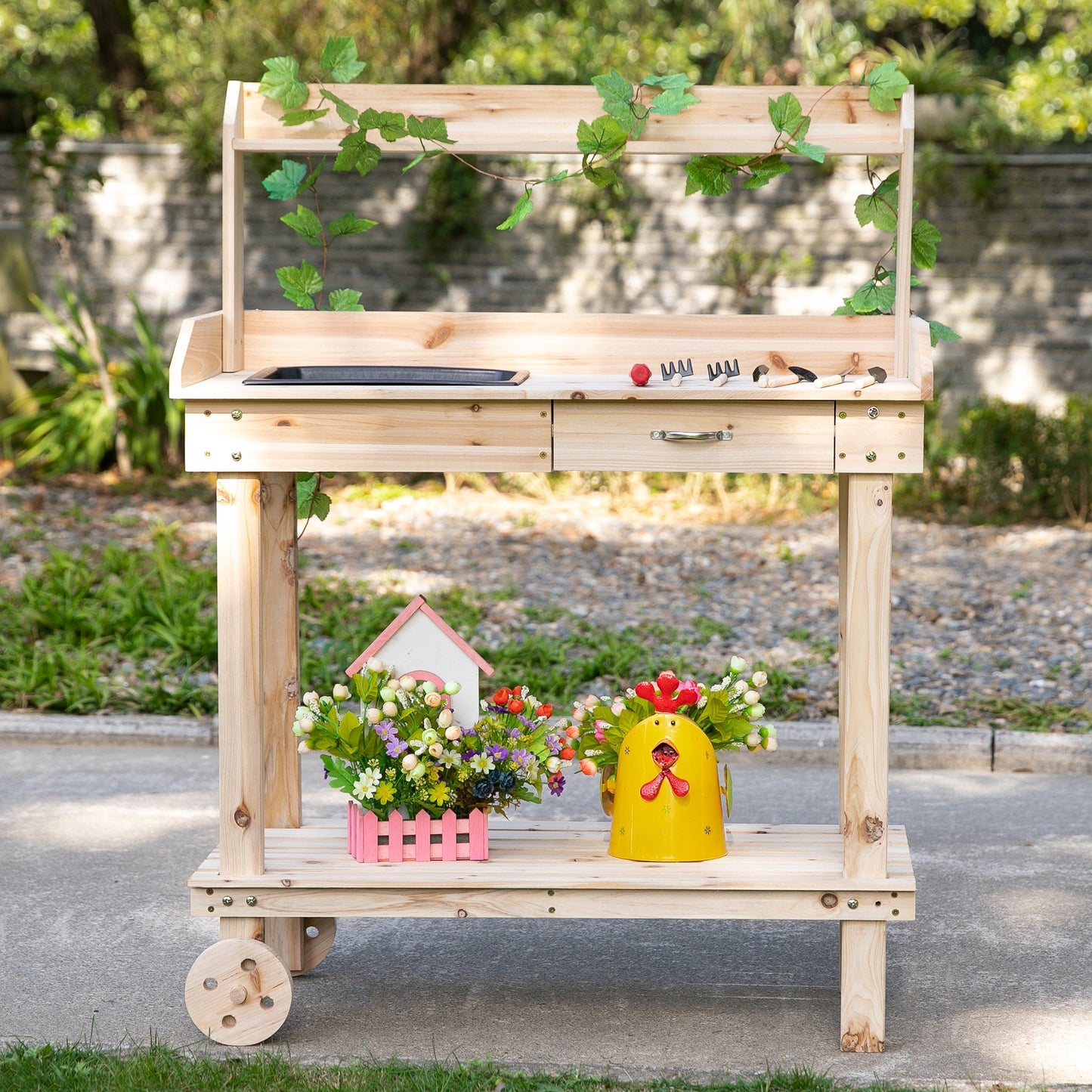 Outsunny Wooden Potting Bench Work Table with 2 Removable Wheels, Sink, Drawer & Large Storage Spaces, 92x45x119cm Wheels Drawer