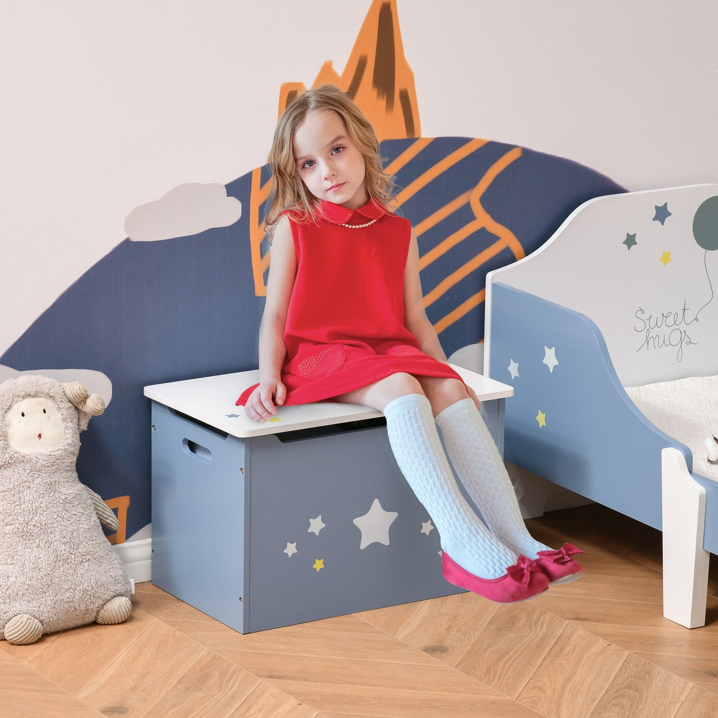 HOMCOM Kids Wooden Toy Storage Box Chest Star Decor with Gas Stay Bar Seating Bench