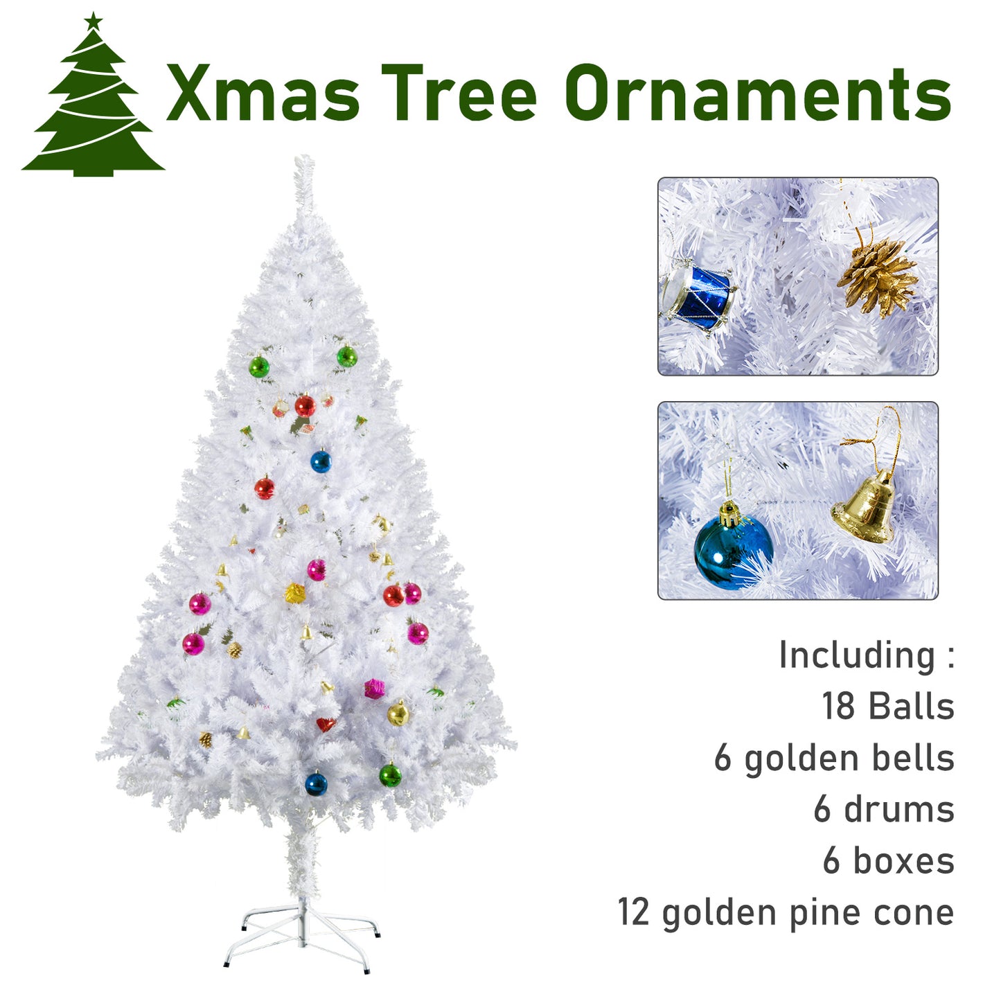 HOMCOM 6ft Artificial PVC Christmas Tree w/ Ornaments White
