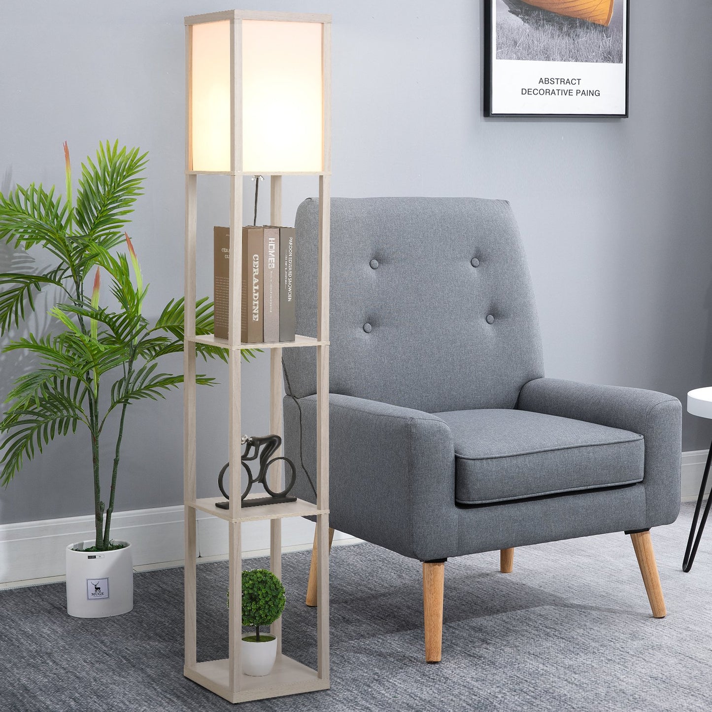 HOMCOM MDF 3-Tier Shelves Floor Lamp Oak/White