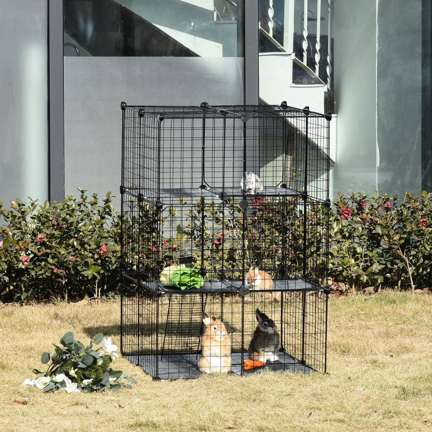 PawHut Pet Playpen DIY Small Animal Cage w/ Doors Ramps for Kitten Bunny Chinchilla