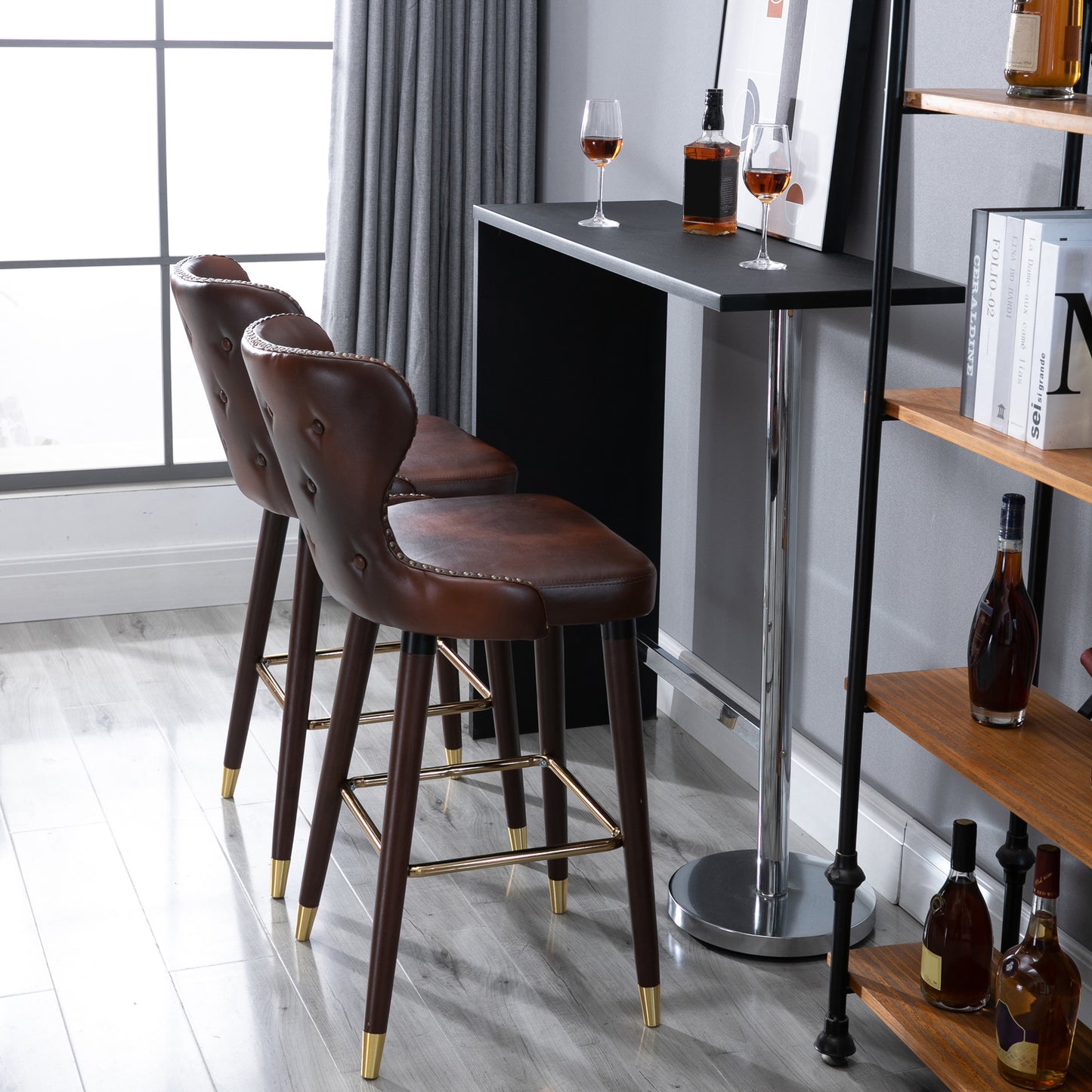 HOMCOM Bar Stools Set of 2, PU Leather Vintage Counter-Height Bar Chair, Luxury European Style Kitchen Stools with Back, Brown
