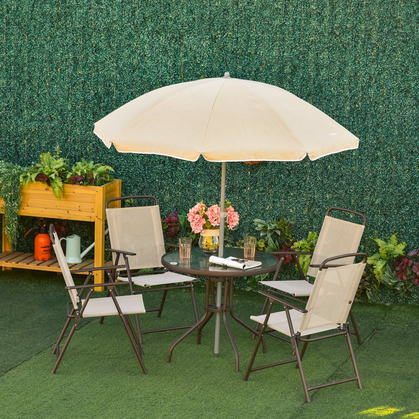 Outsunny Garden Patio Texteline Folding Chairs Plus Table and Parasol Furniture Bistro Set 6 Pieces - Black/Cream