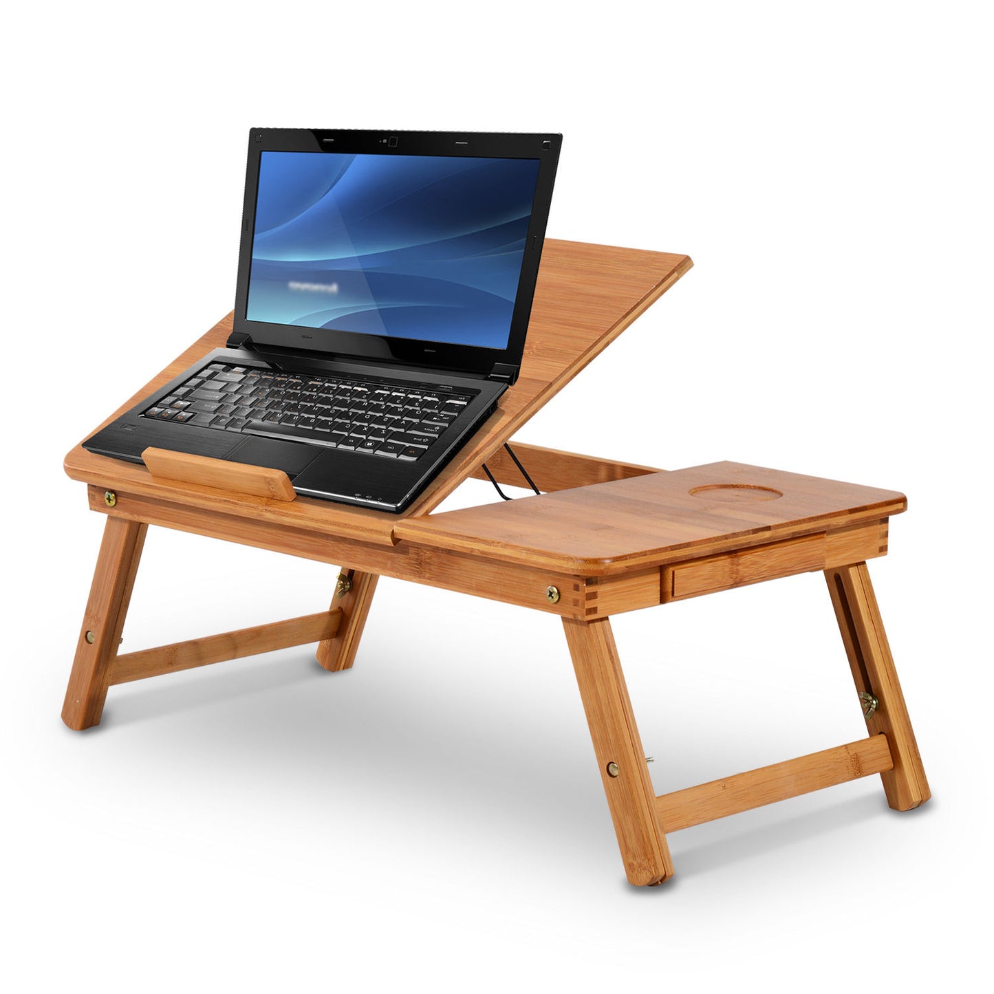 HOMCOM 55Lx35Wx 22-30H cm Portable Bamboo Laptop Desk With Drawer and Adjustable Folding Legs To Use On Bed Desk Sofa Couch-Bamboo