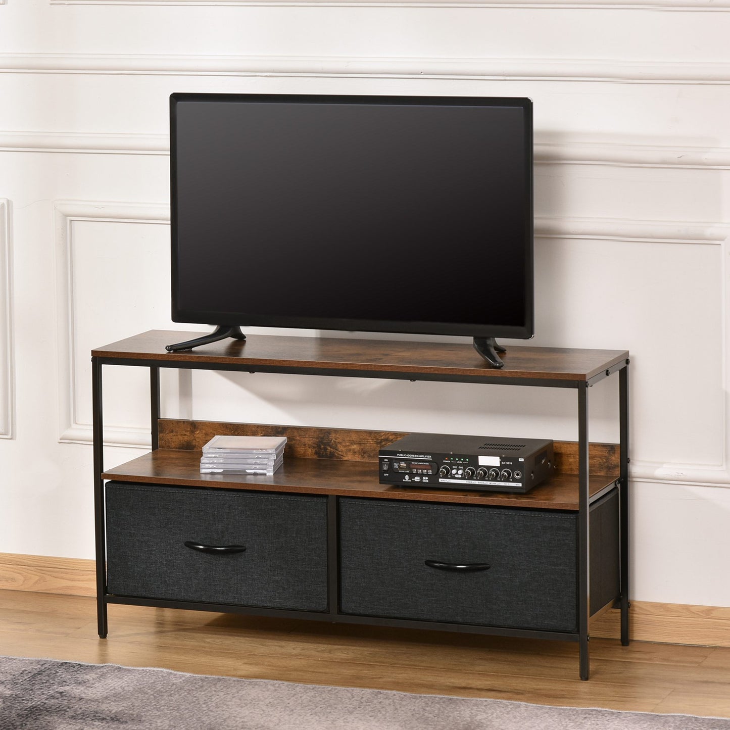 HOMCOM TV Cabinet, TV Console Unit W/ Foldable Linen Drawers, TV Stand Rustic Brown