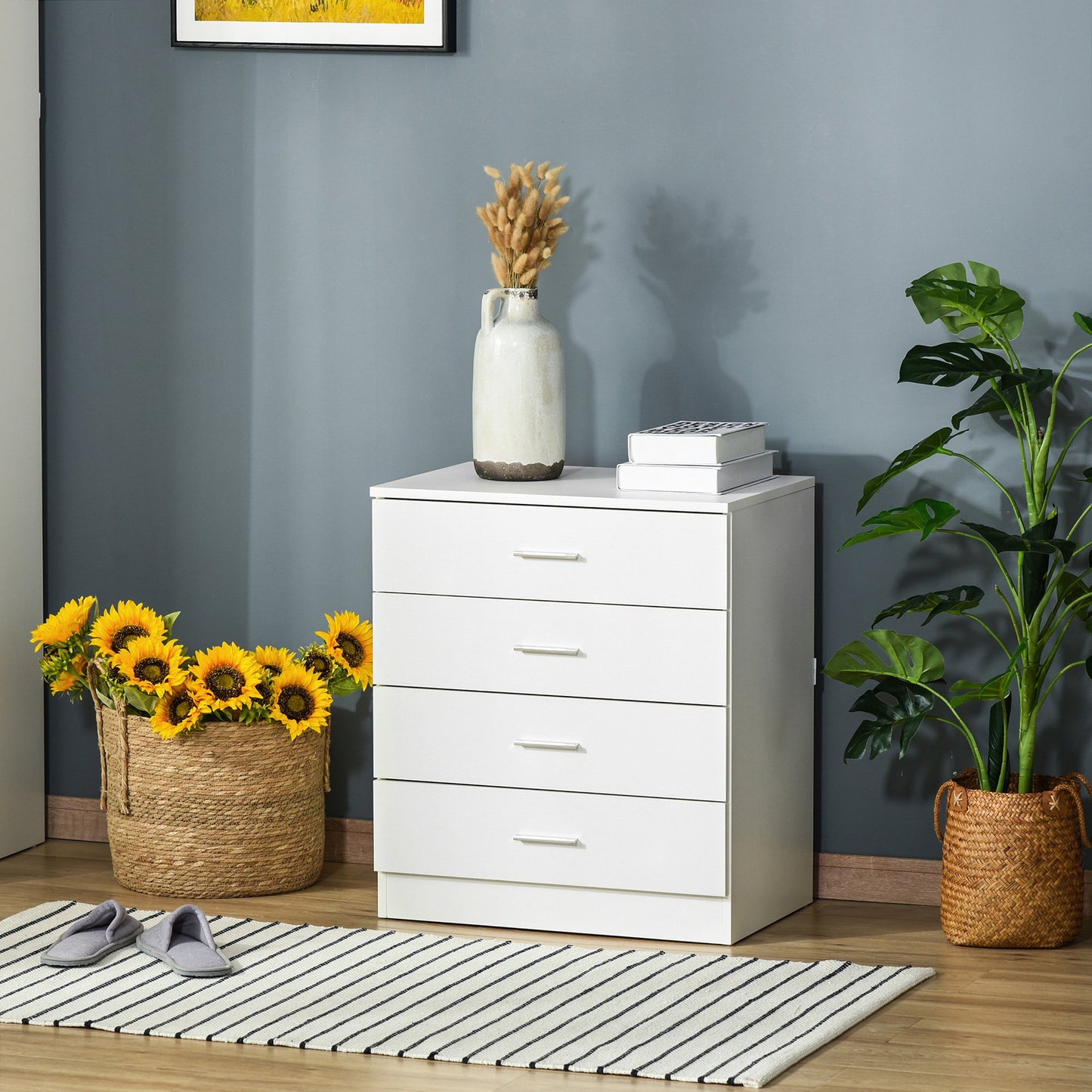 HOMCOM Storage Cabinet Vertical Drawer Chest of 4 w/ Metal Rails Anti-Tip, White