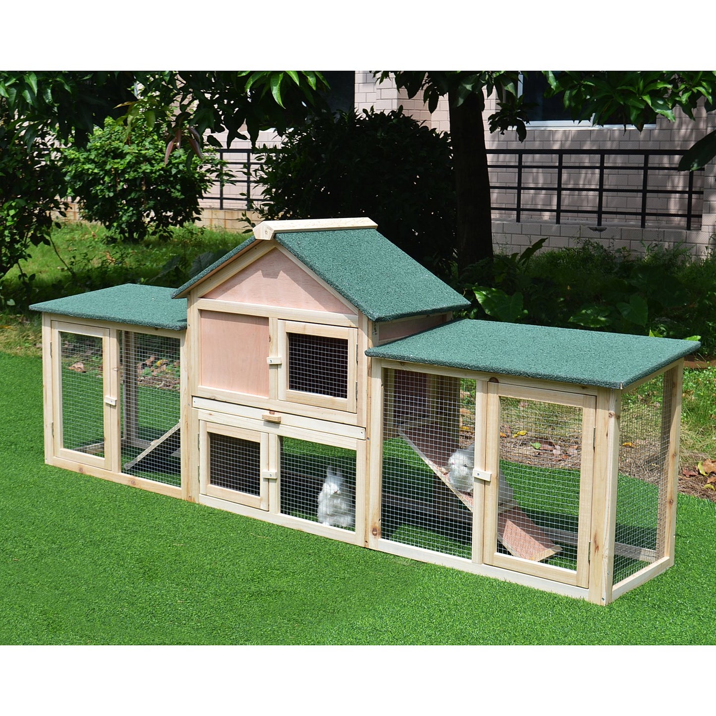 PawHut Rabbit Hutch, 210Lx45.5Wx84.5H cm, Fir Wood-Natural Wood Colour