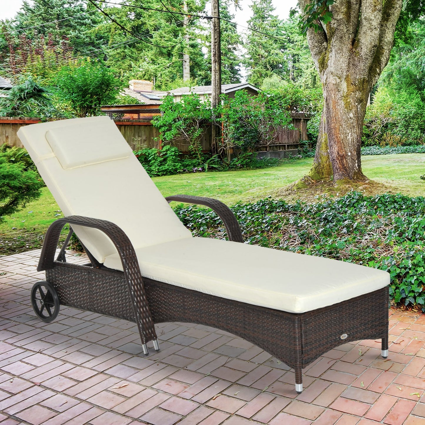 Outsunny Brown Rattan Sun Lounger w/ Adjustable Steel Frame,200Lx73Wx56-103H cm