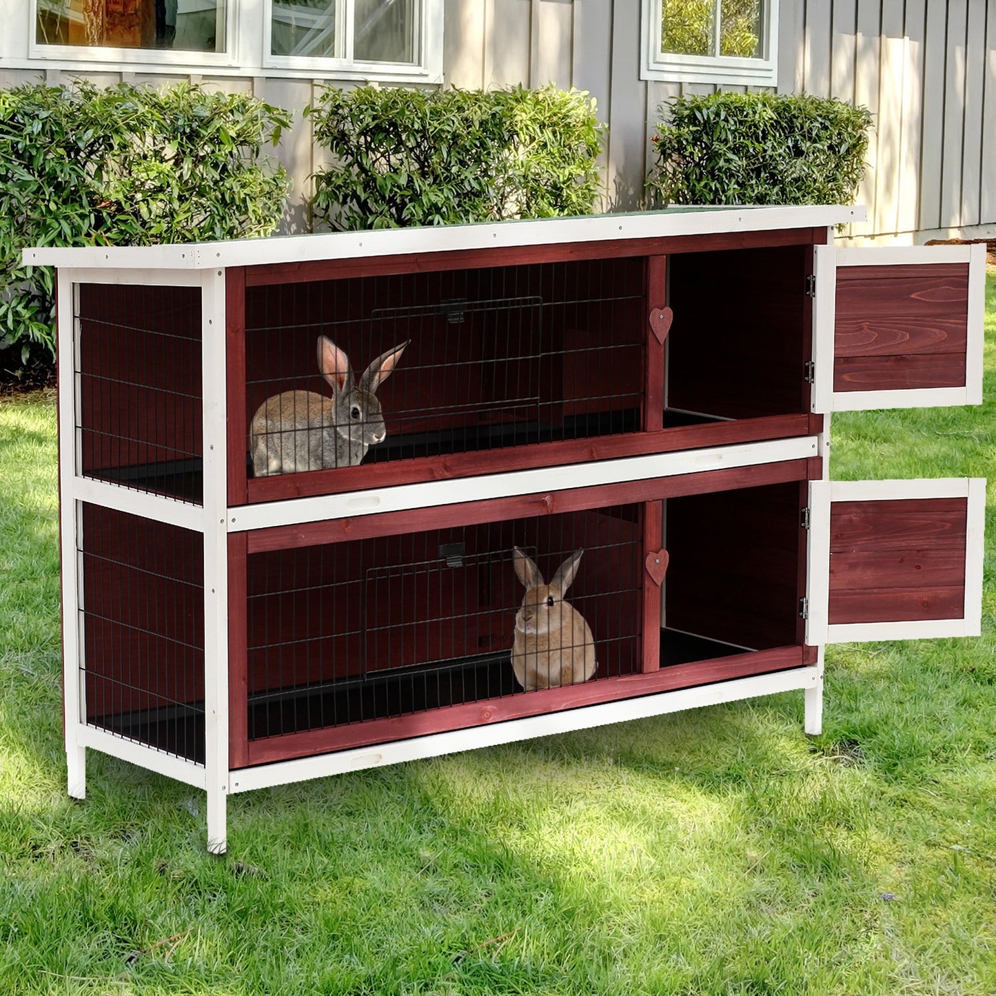Pawhut Two-Tier Double Decker Wooden Rabbit Hutch Pet Cage 136.4Lx50Wx93H cm-Brown/White