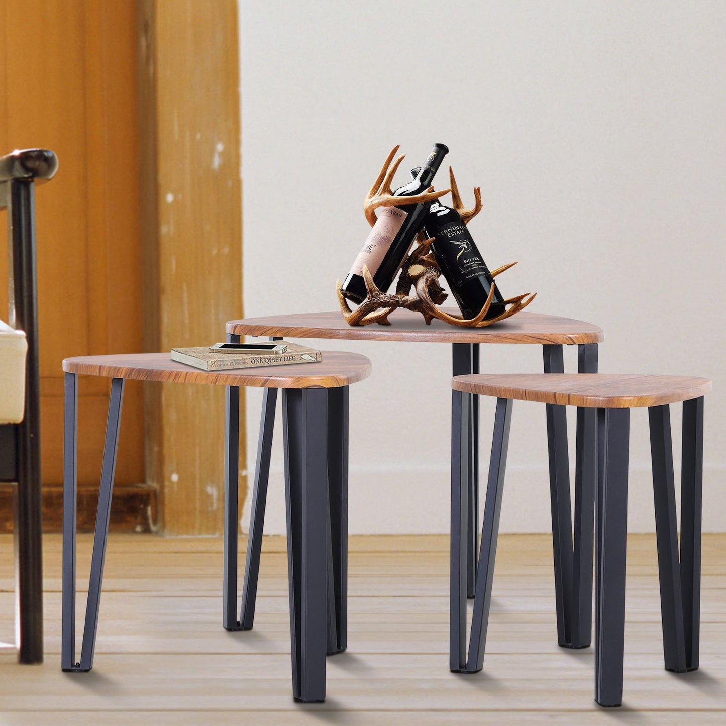 HOMCOM 3 PCs Stackable Coffee Table Set Accent Furniture MDF Steel Frame Walnut