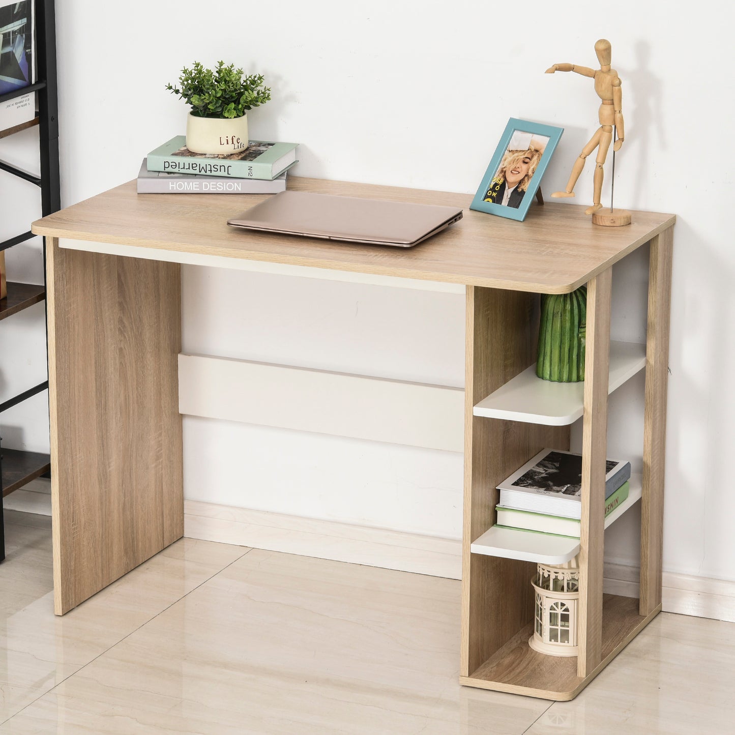 HOMCOM Office Desk w/ 3-Tier Display Shelf Storage - Wood effect