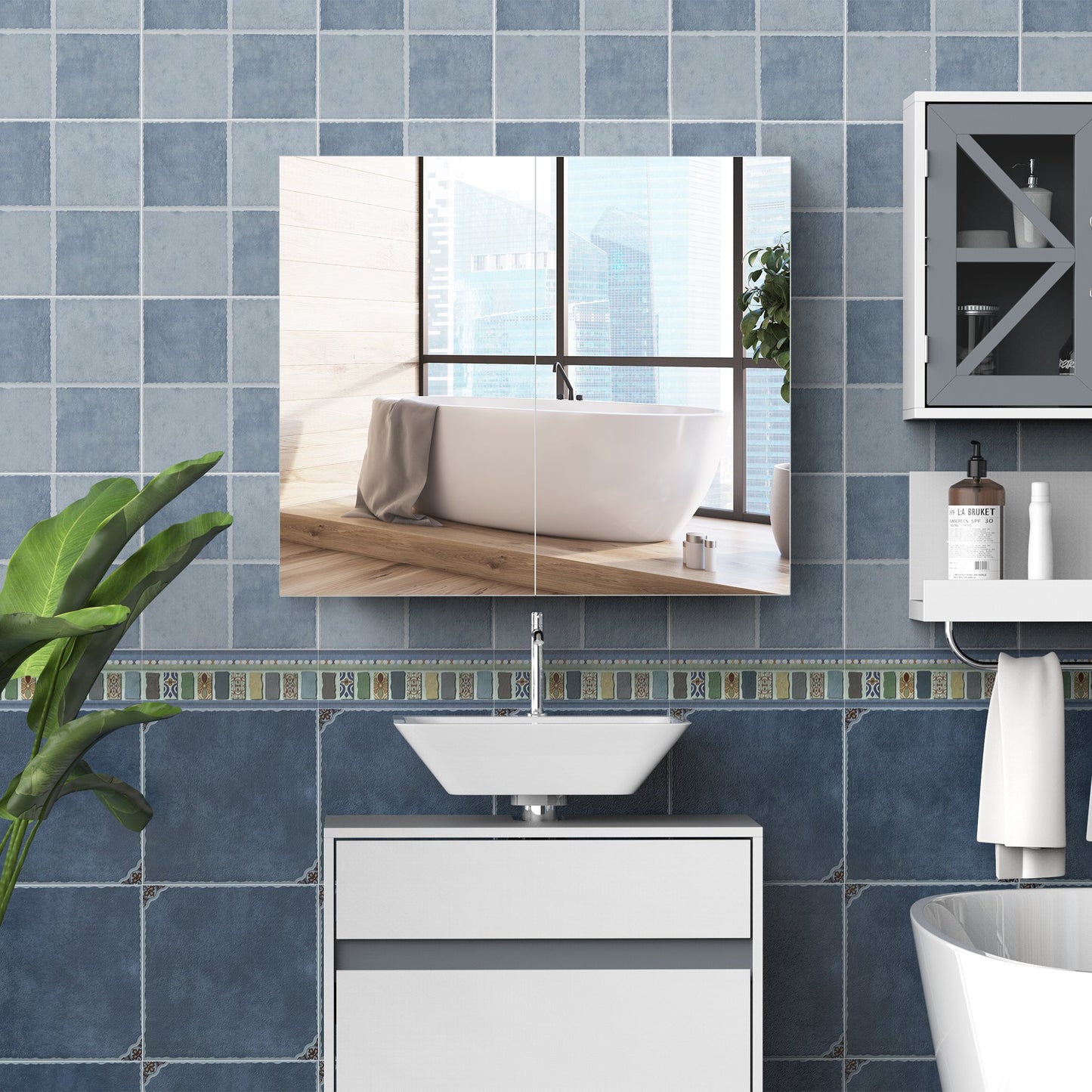 HOMCOM Wall Mount Mirror Cabinet Storage Bathroom Cupboard w/ Double Door and Shelves