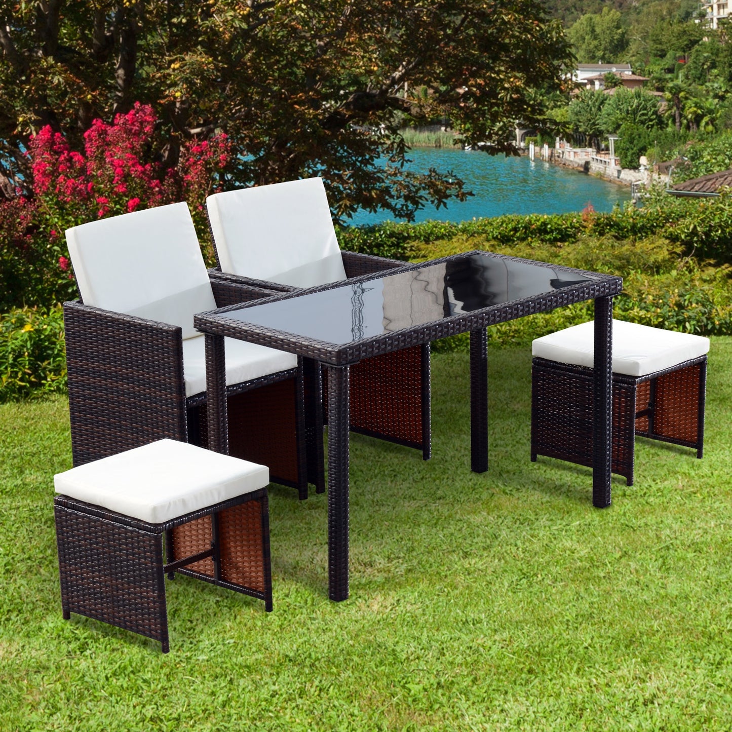 Outsunny 5 PCs Rattan Garden Furniture Space-saving Wicker Weave Sofa Set Conservatory Dining Table Table Chair Footrest Cushioned Brown