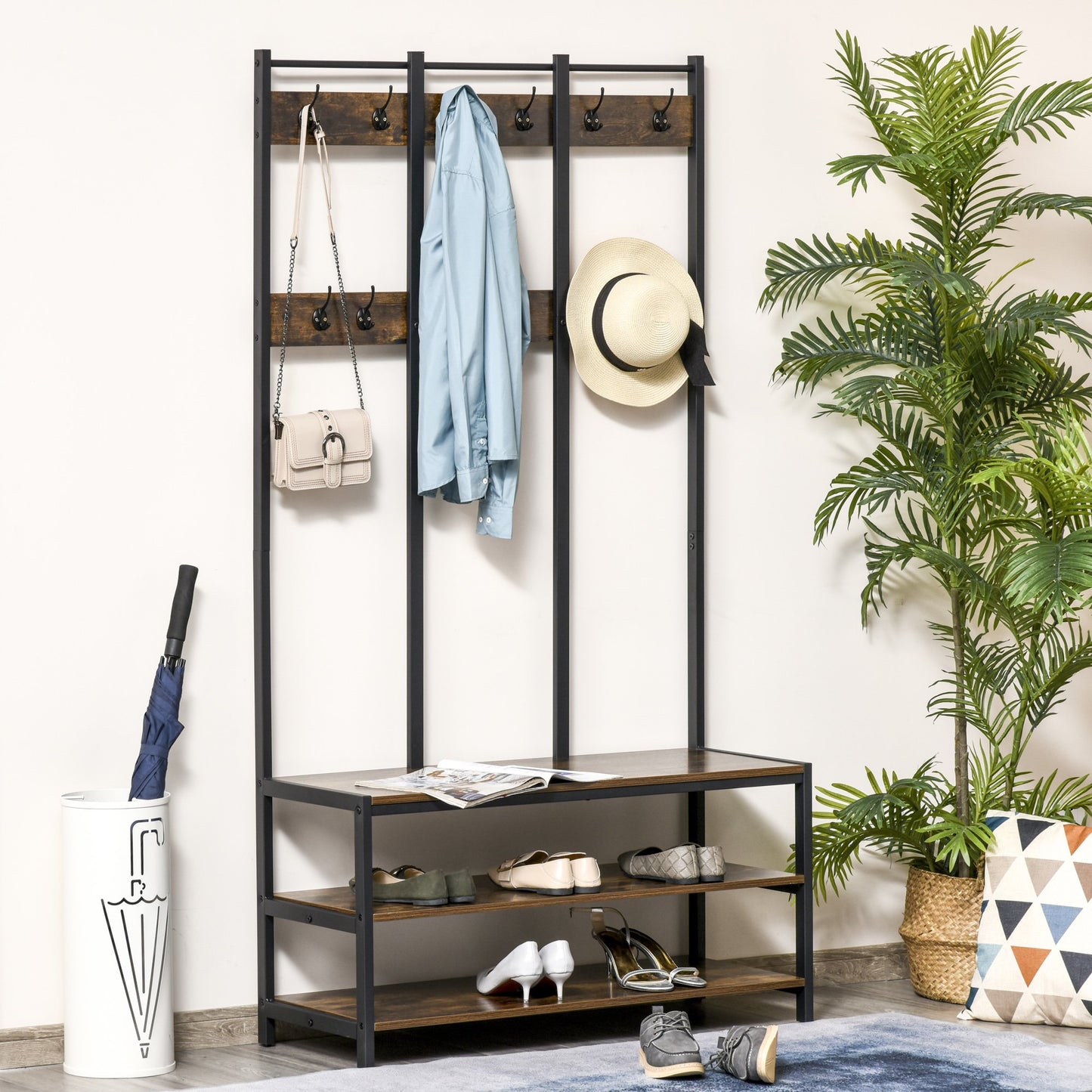 HOMCOM Industrial Coat Rack Shoe Bench Hall Tree Entryway Clothes Storage Shelf W/ Hook