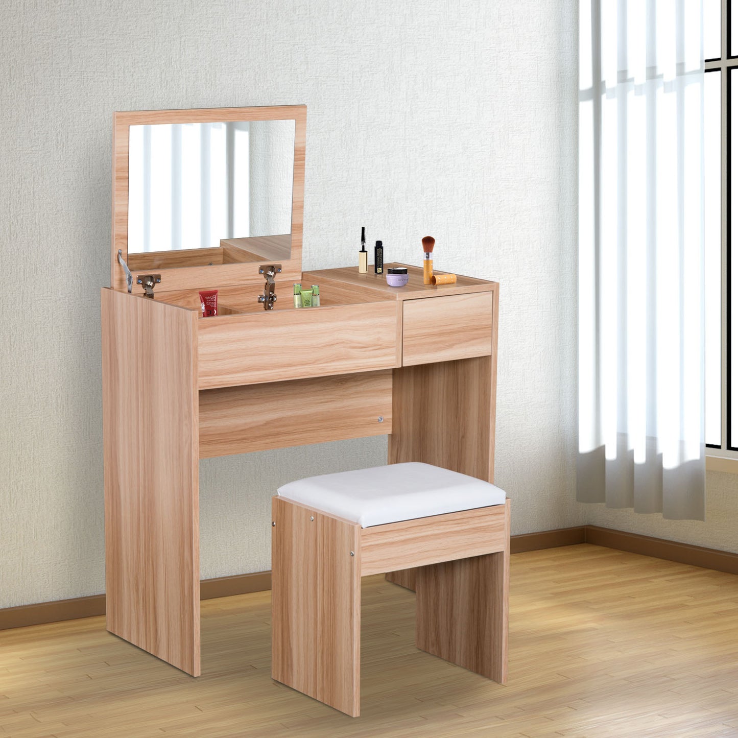 HOMCOM Dressing Table With Mirror and Stool-Wood Grain Colour