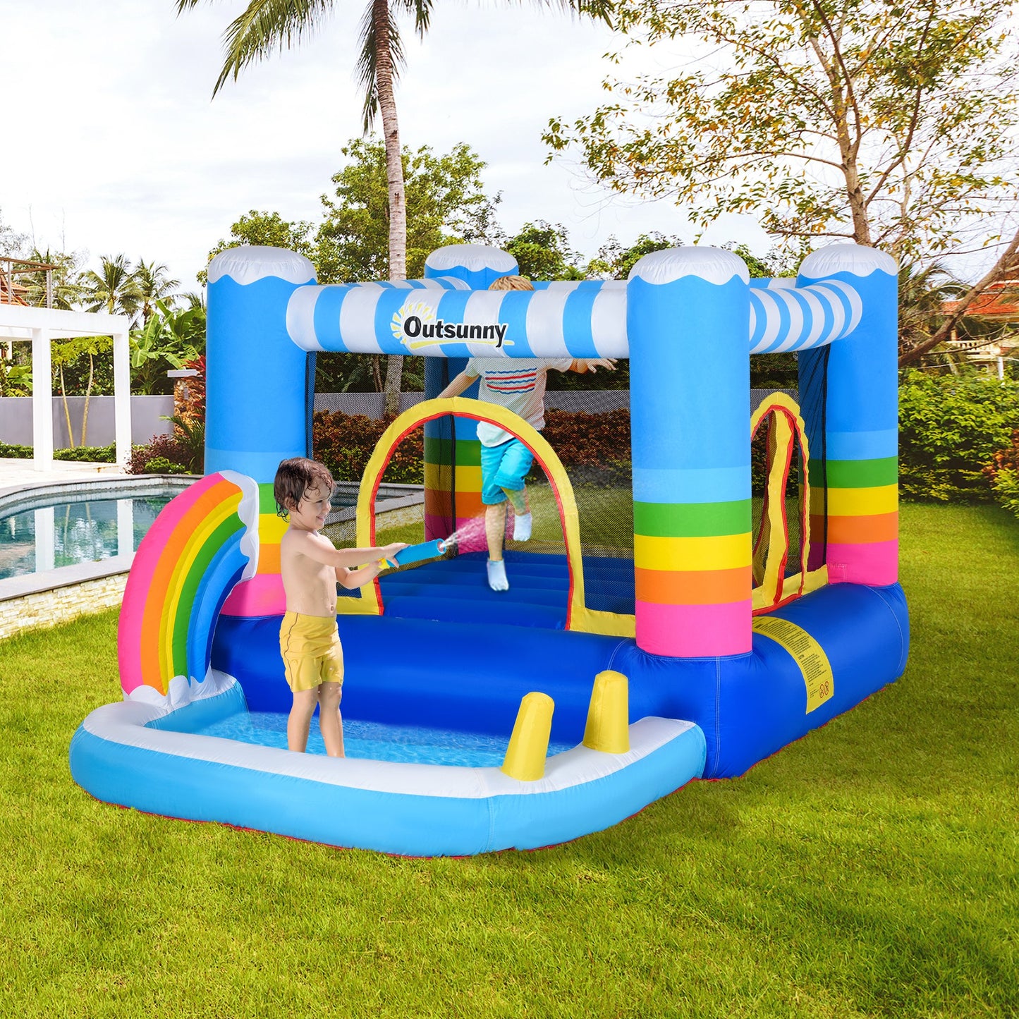 Outsunny Kids Bouncy Castle House Inflatable Trampoline Water Pool 2 in 1 with Blower for Kids Age 3-12 Rainbow Design 2.9 x 2 x 1.55m
