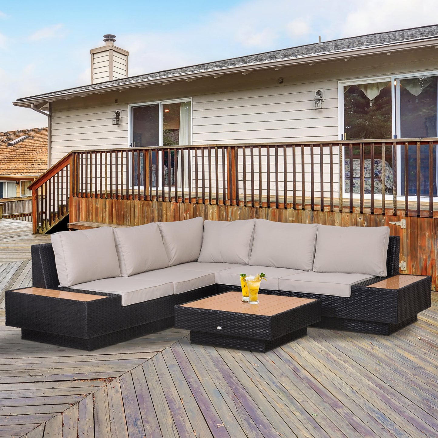 Outsunny 4 Pcs Rattan Sofa Furniture Set W/Cushions-Black/Beige/Orange