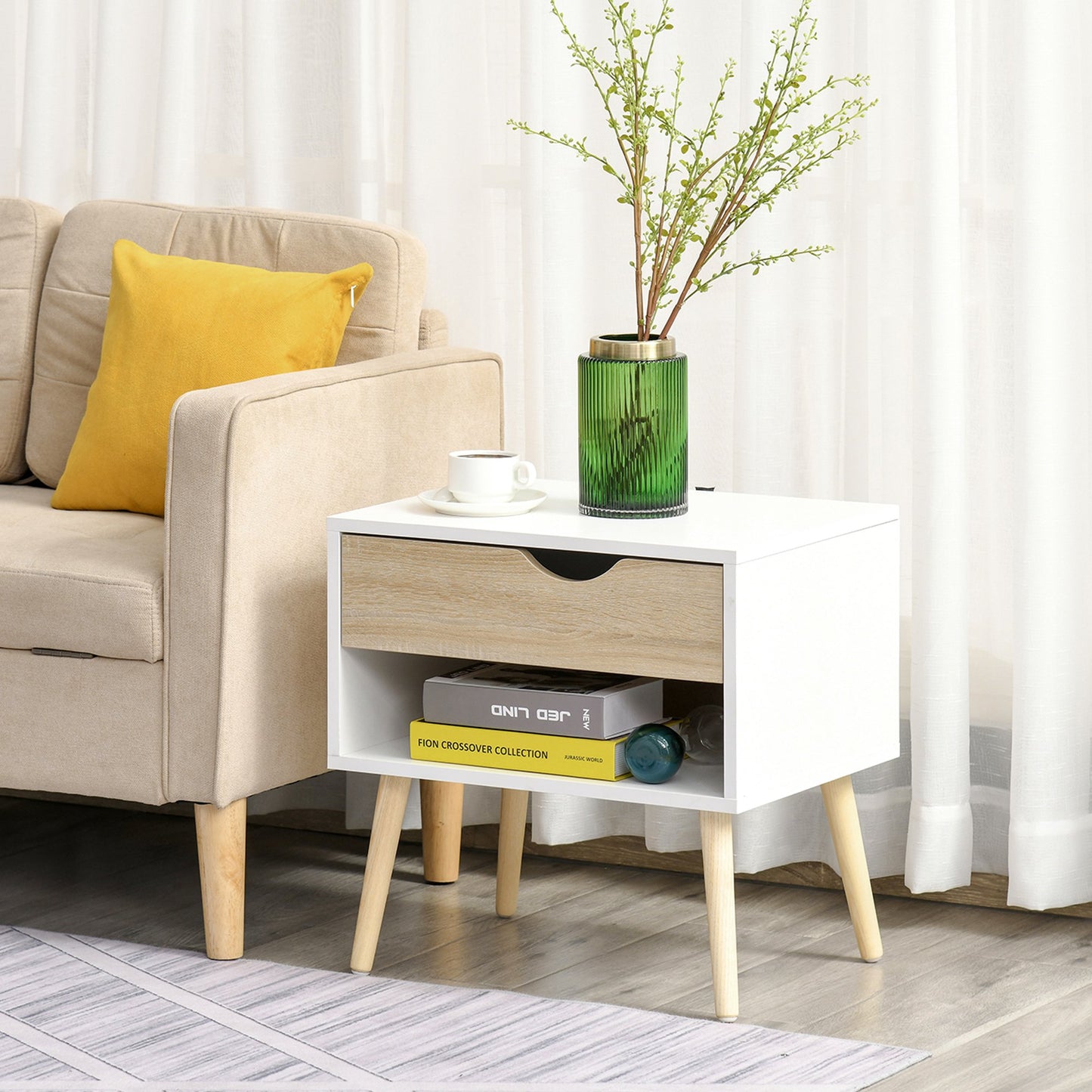 HOMCOM Bedside Table with Drawer and Shelf, Nightstand, Storage Chest for Bedroom