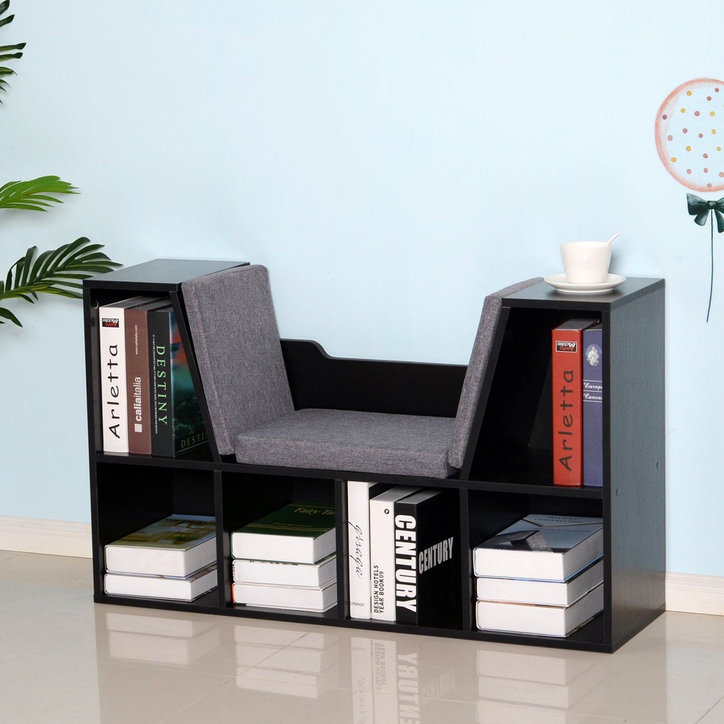 HOMCOM Bookcase Storage W/Particle Board Sponge Linen, 102W x 30D x 61Hcm-Black/Grey