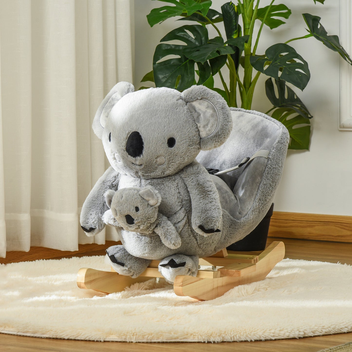 HOMCOM Kids Plush Ride-On Rocking Horse Koala-shaped Toy Rocker w/ Gloved Doll Grey