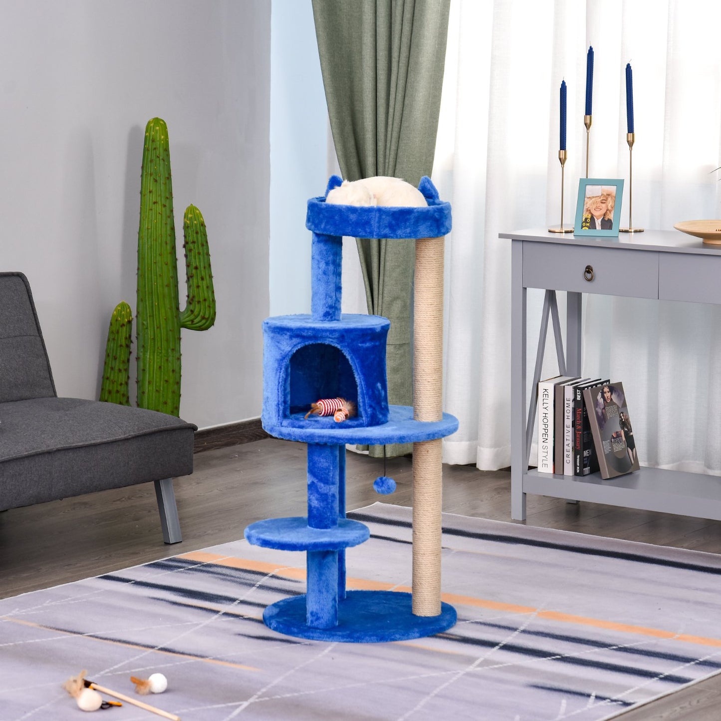 PawHut Cats 3-Tier Sisal Rope Scratching Post w/ Dangle Toy Blue