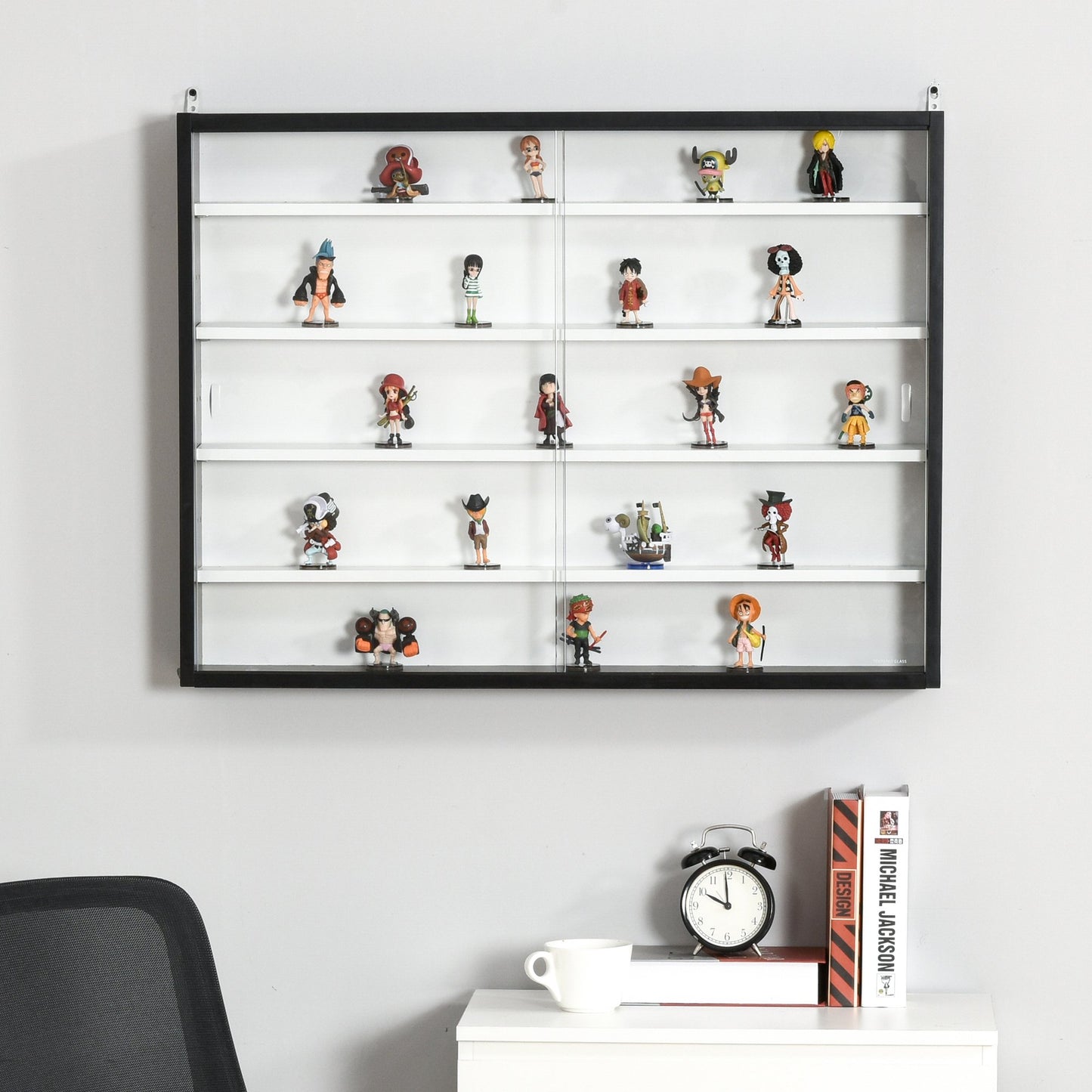 HOMCOM 5-Tier Wall Display Shelf Cabinet w/ Adjustable Shelves Glass Doors Black/White