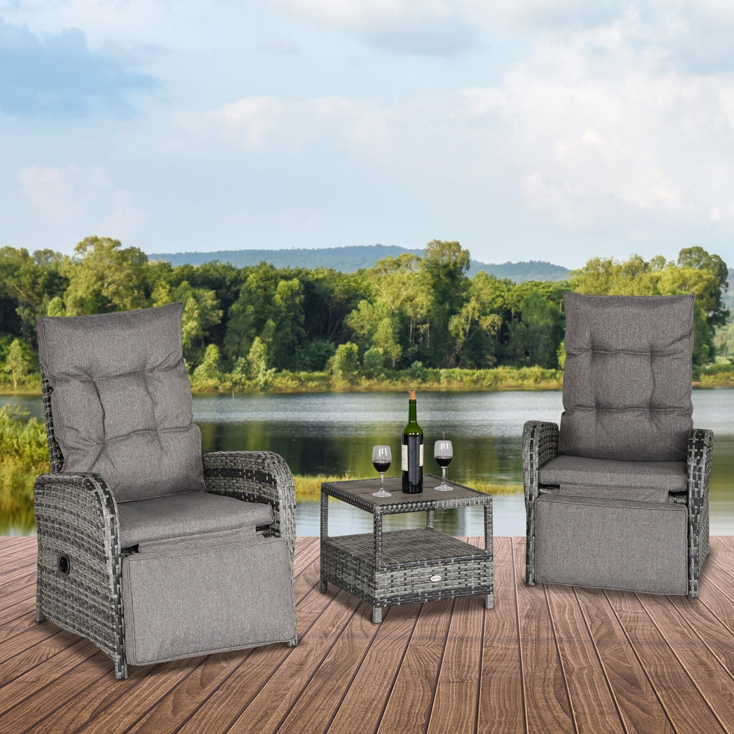 Outsunny 3 PCs Patio Rattan Wicker Chaise Lounge Sofa Set w/ Cushion for Patio Yard Porch