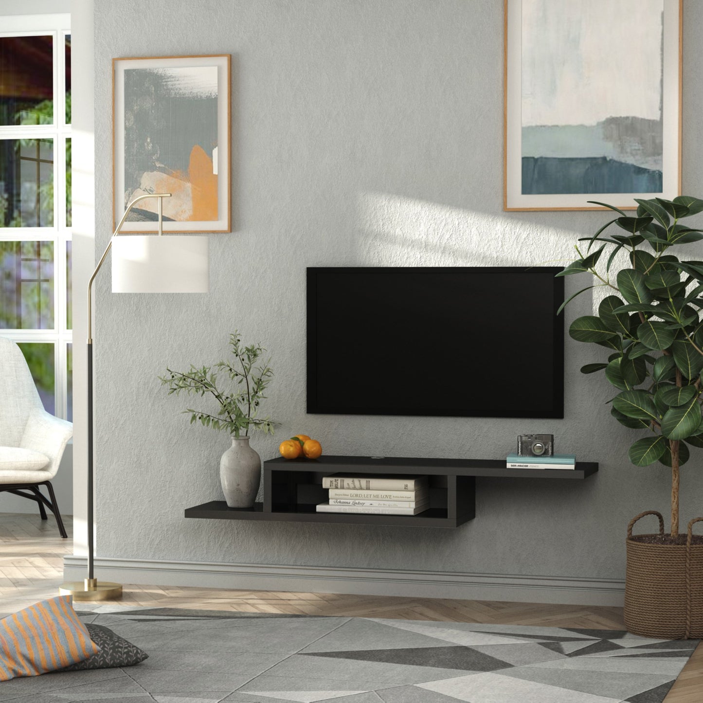 HOMCOM Wall Mount Media Console, Floating TV Stand, Entertainment Center Unit, Black