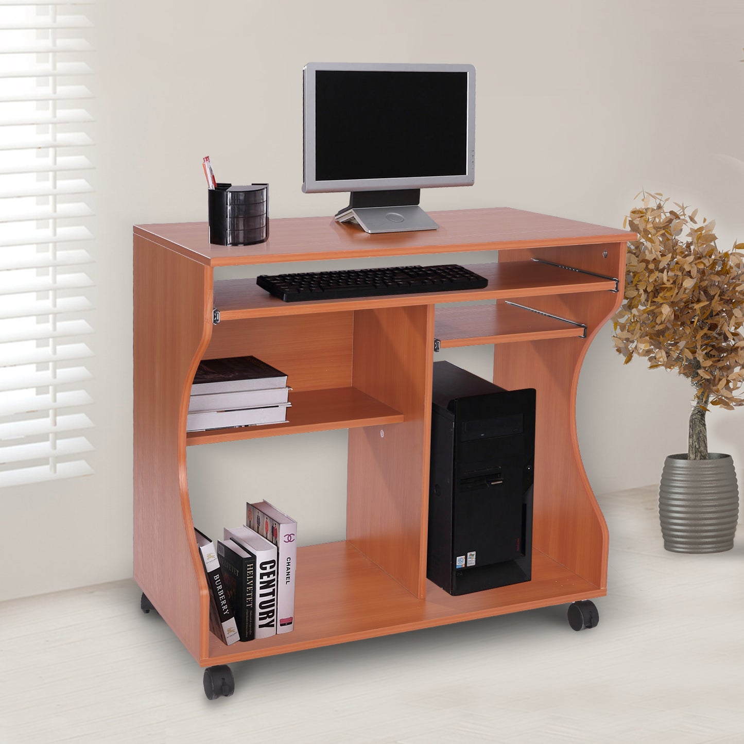 HOMCOM Computer Desk W/Wheels-Cherry and Wood