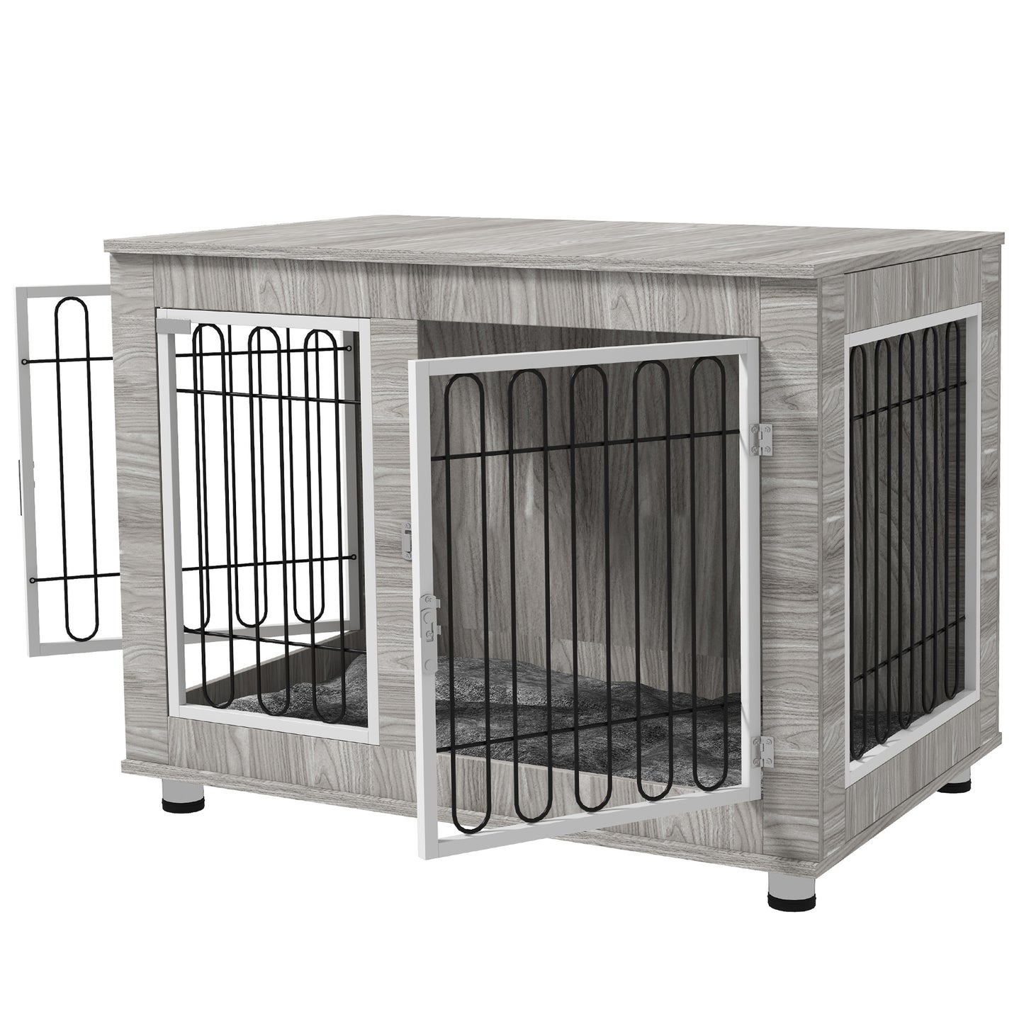 PawHut Indoor Dog Kennel w/ Soft Cushion Double Door for Large Dogs 106 x 74 x 81.5cm Grey