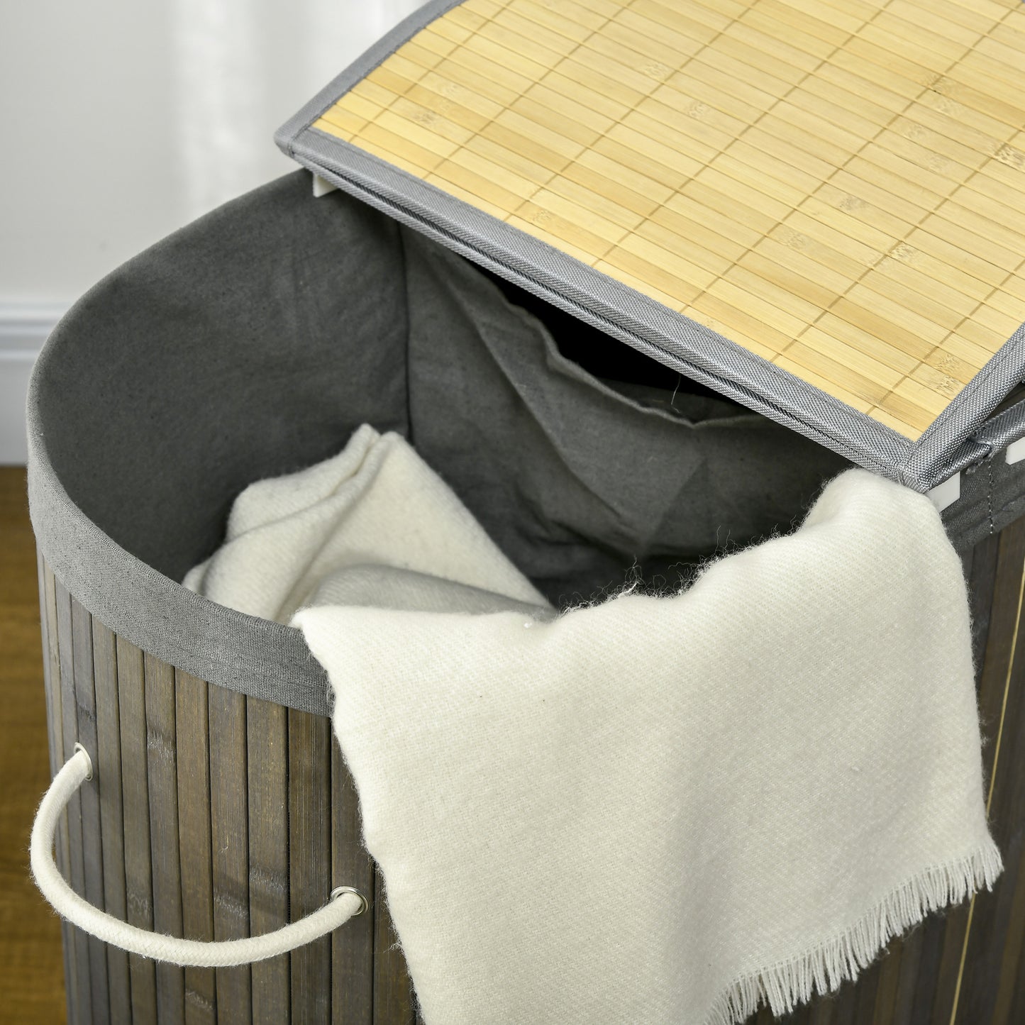 HOMCOM Bamboo Laundry Basket with Lid, 100 Litres Laundry Hamper with 2 Sections, 62.5 x 37 x 60.5cm, Grey