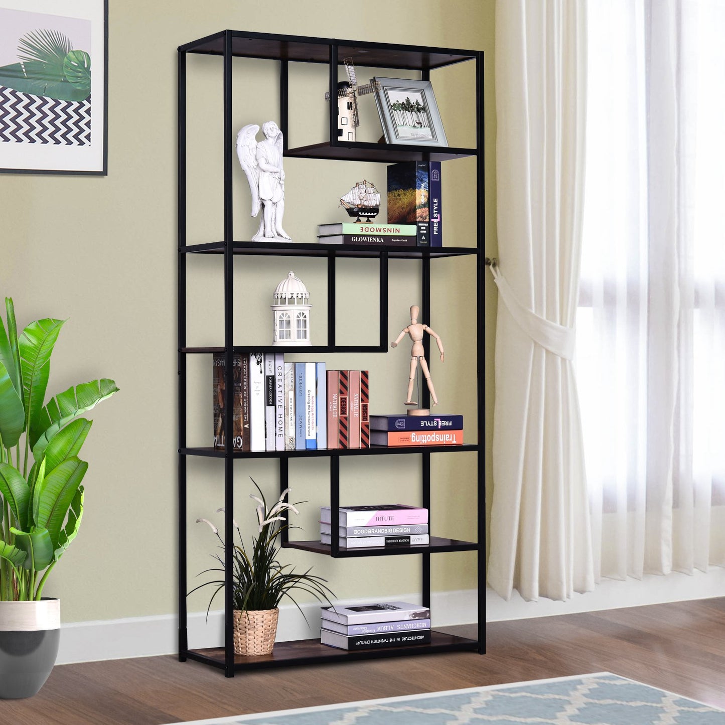 HOMCOM Steel Frame 6 Tier Staggered Display Shelf Black/Brown