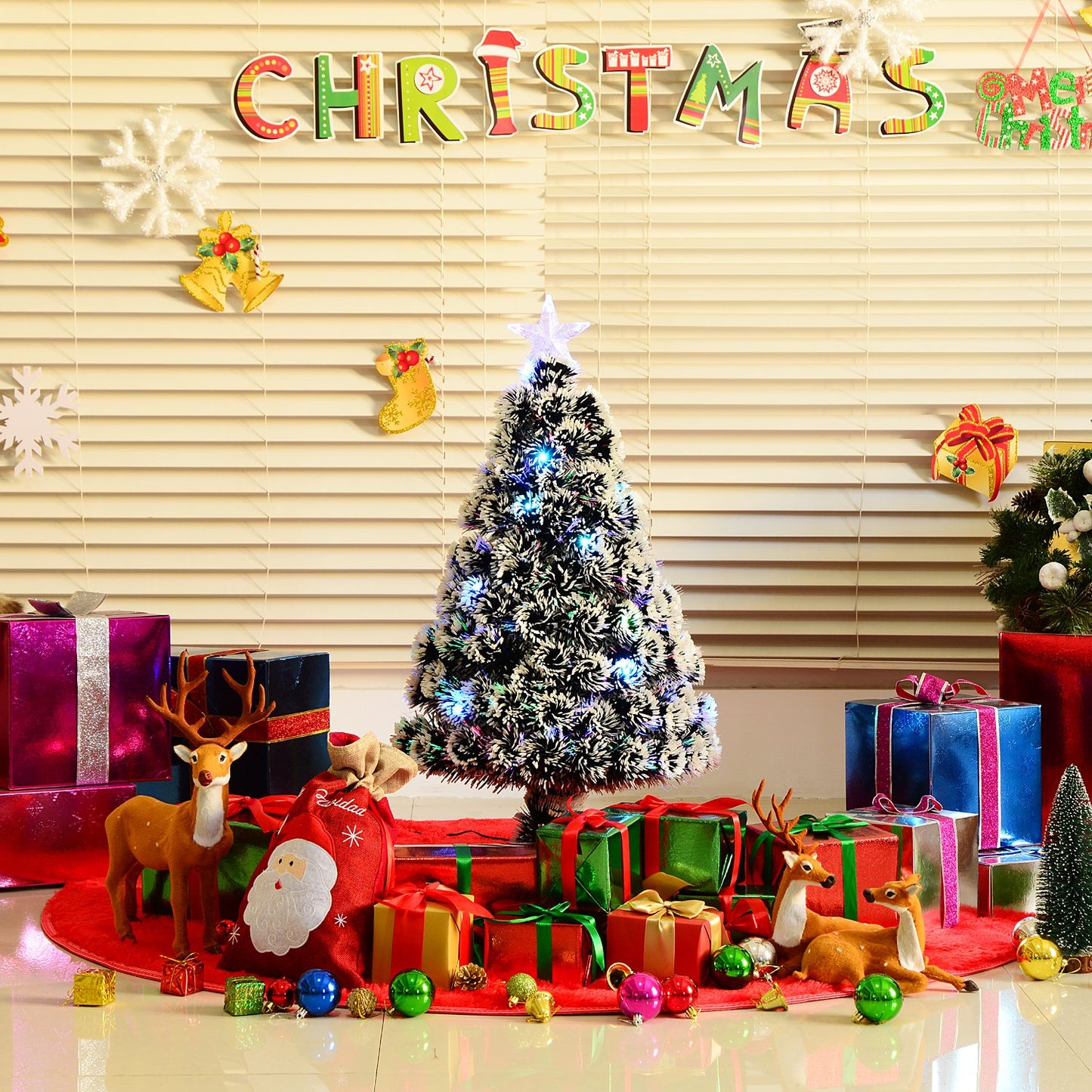 HOMCOM 3ft 90cm Green/White Artificial Christmas Tree W/ Prelit LED Lights-Multicolor