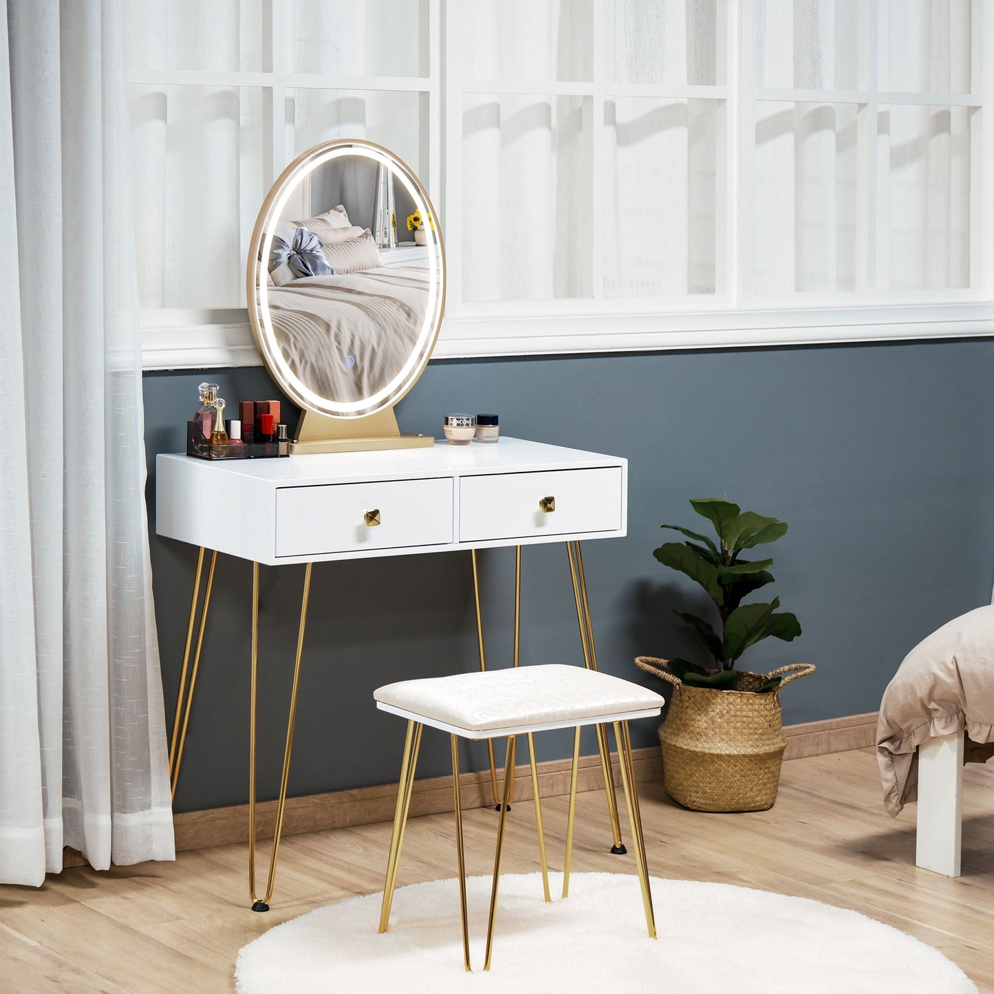 HOMCOM Vanity Table Set Dressing Table with 2 Drawers Cushioned Stool Makeup Table