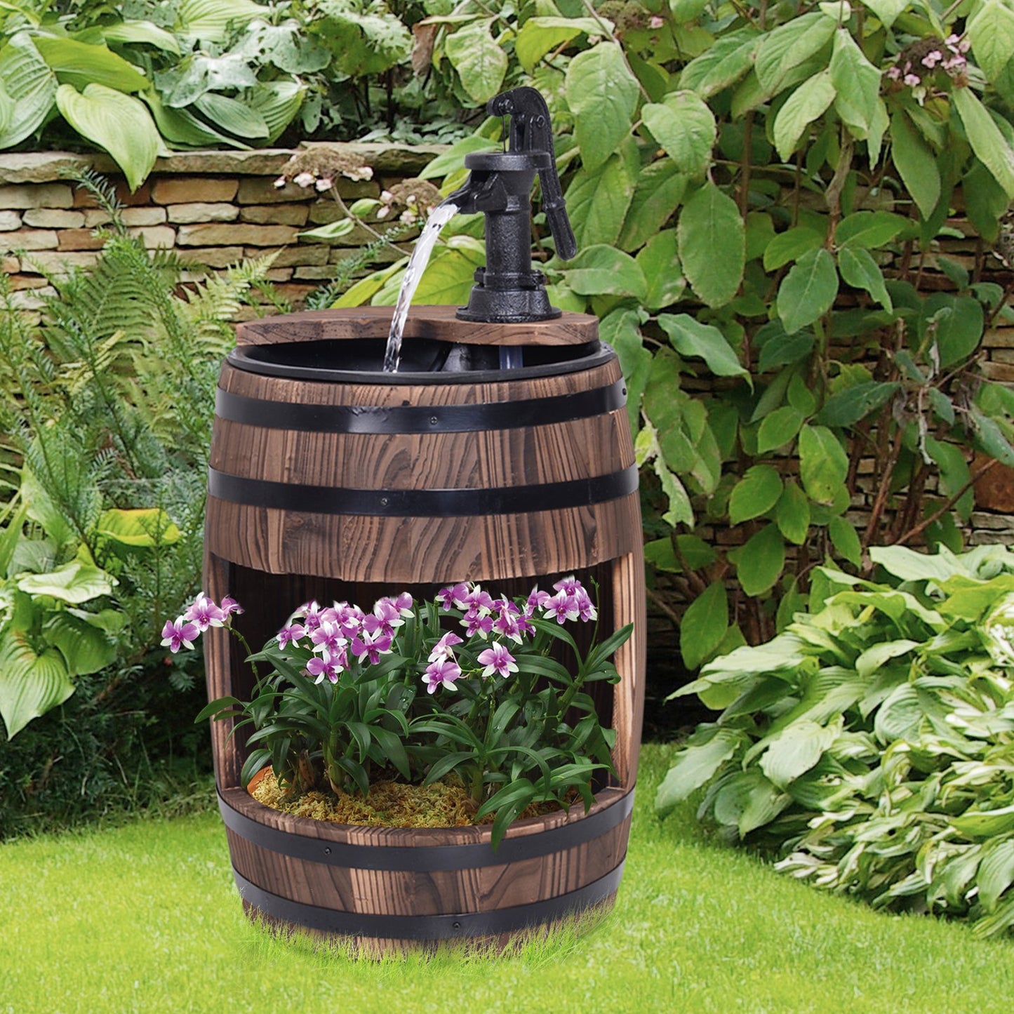 Outsunny Fir Wood Barrel Pump Fountain W/ Flower Planter, Ø32x58.5H cm