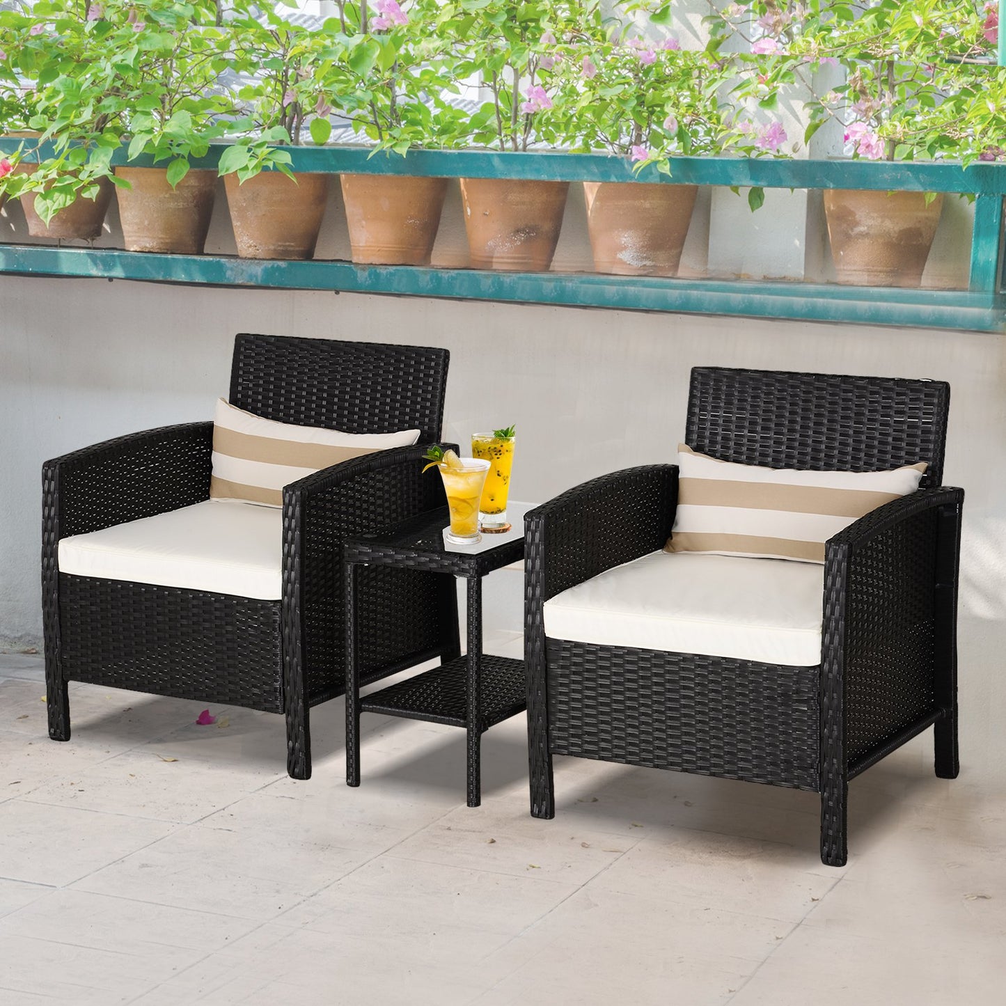 Outsunny 2-Seater PE Rattan Side Table & Armchair Bistro Set w/ Pillows Black