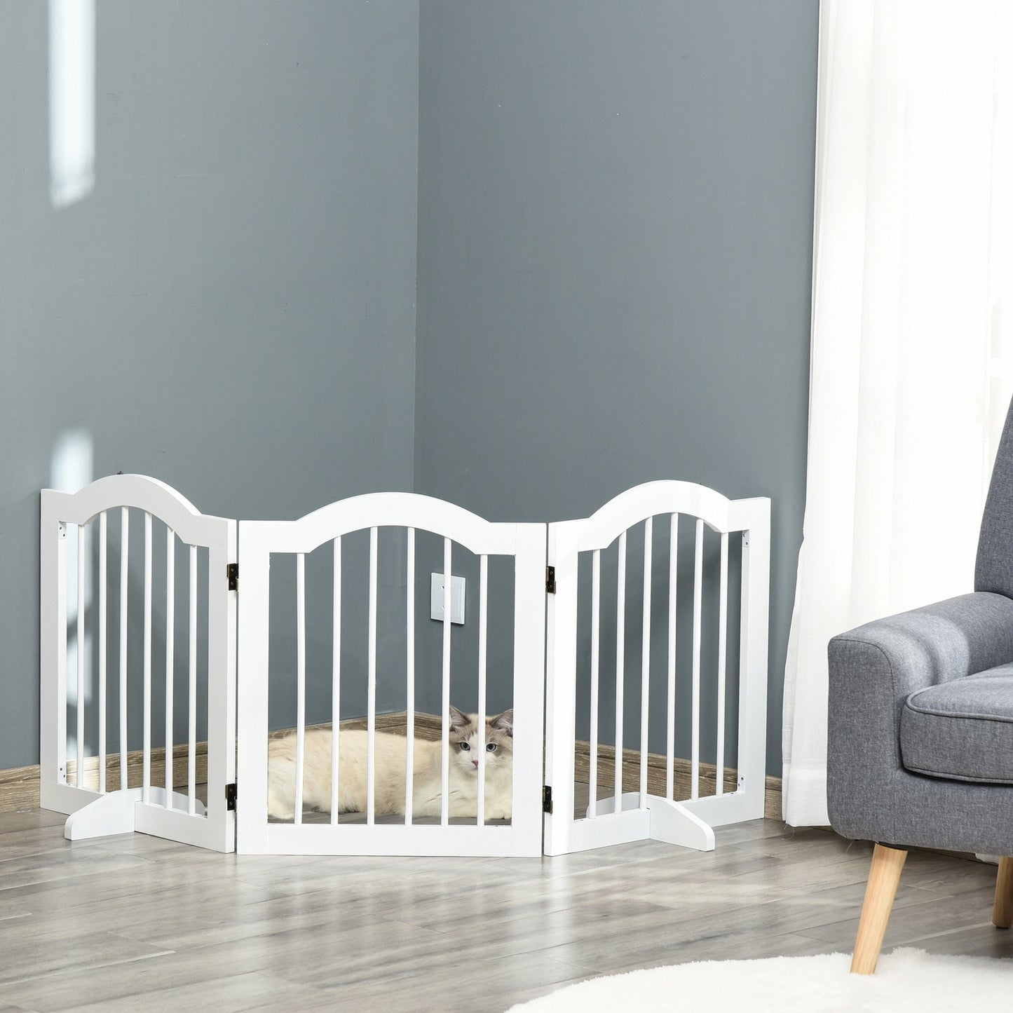 PawHut 3 Panels Dog Gate w/ Support Feet Fence Safety Barrier Freestanding Wood White