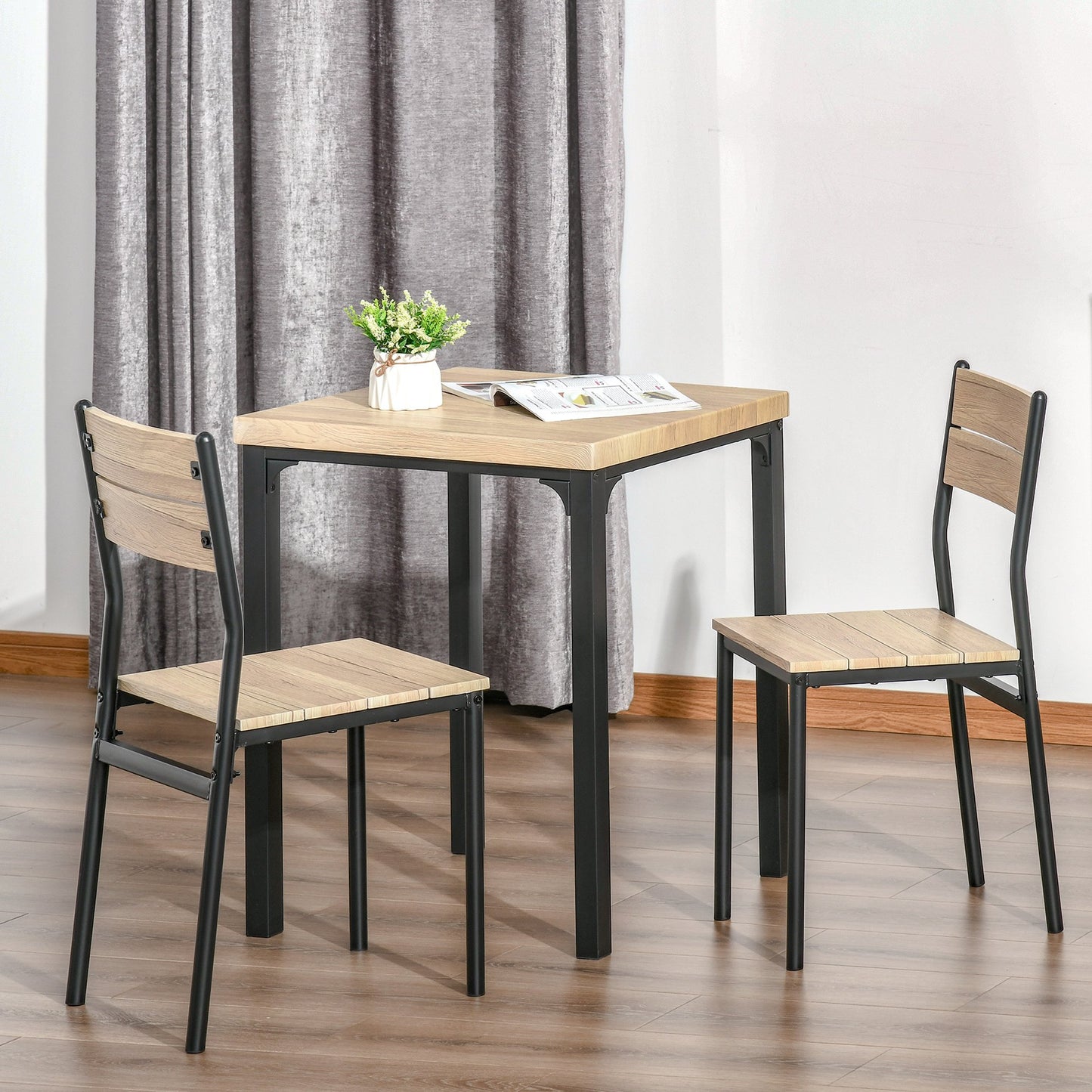 HOMCOM 3 Pcs Dining Set, MDF/Steel- Light Wood/Grain/Black Colour