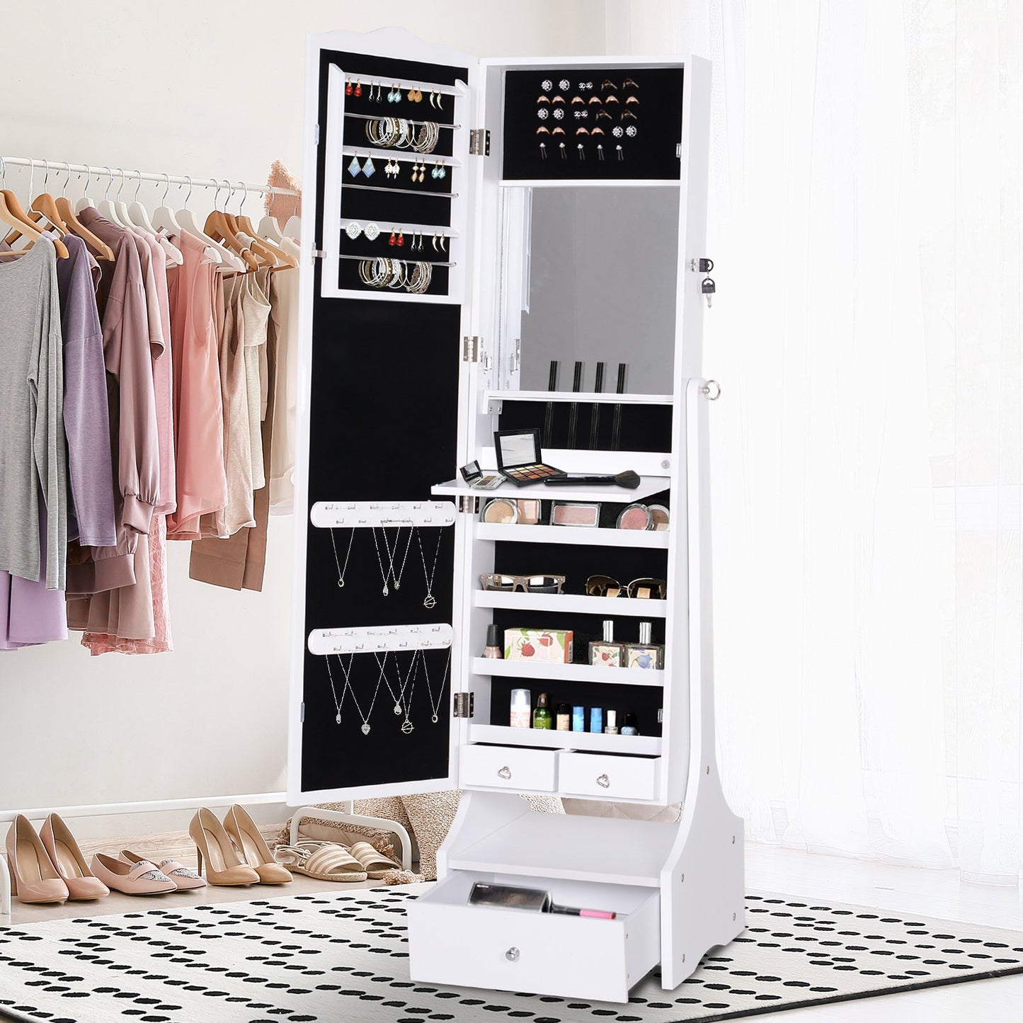 HOMCOM MDF Freestanding Mirror Jewellery Cabinet Full Length Mirror w/ LED Light White