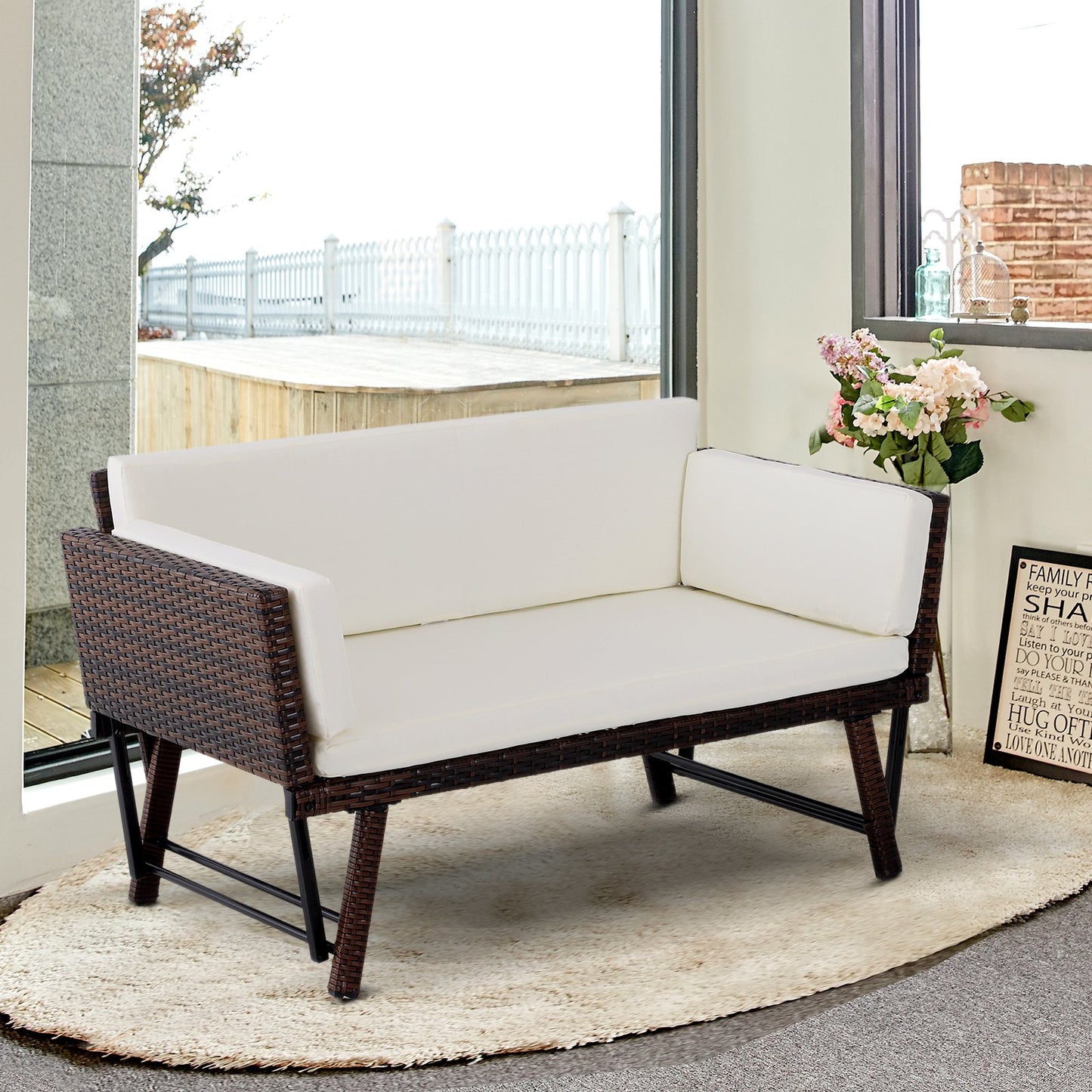 Outsunny 2-Seater 2-in-1 Rattan Convertible Sofa Daybed Brown