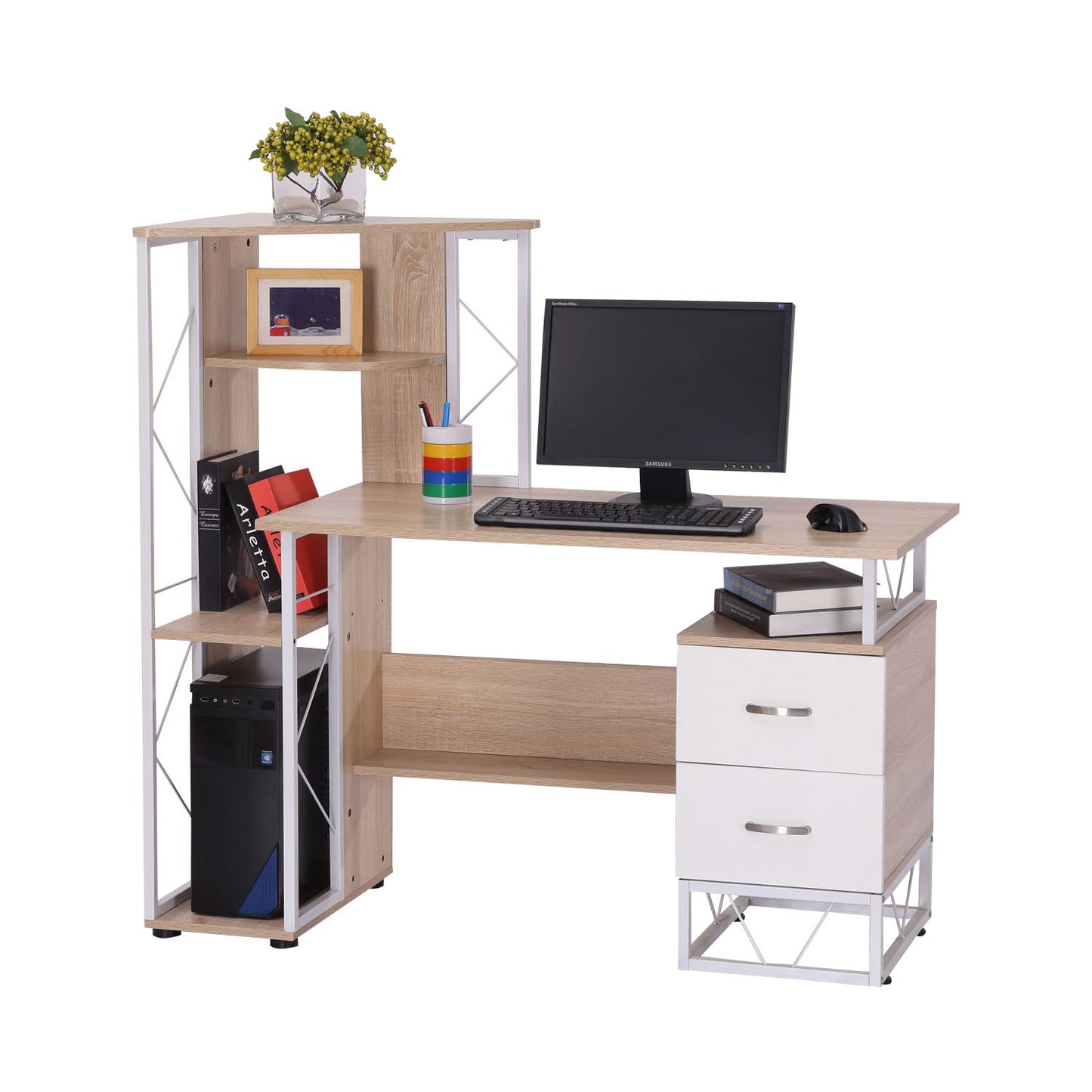 HOMCOM Workstation W/Drawer, Shelves-Oak/White