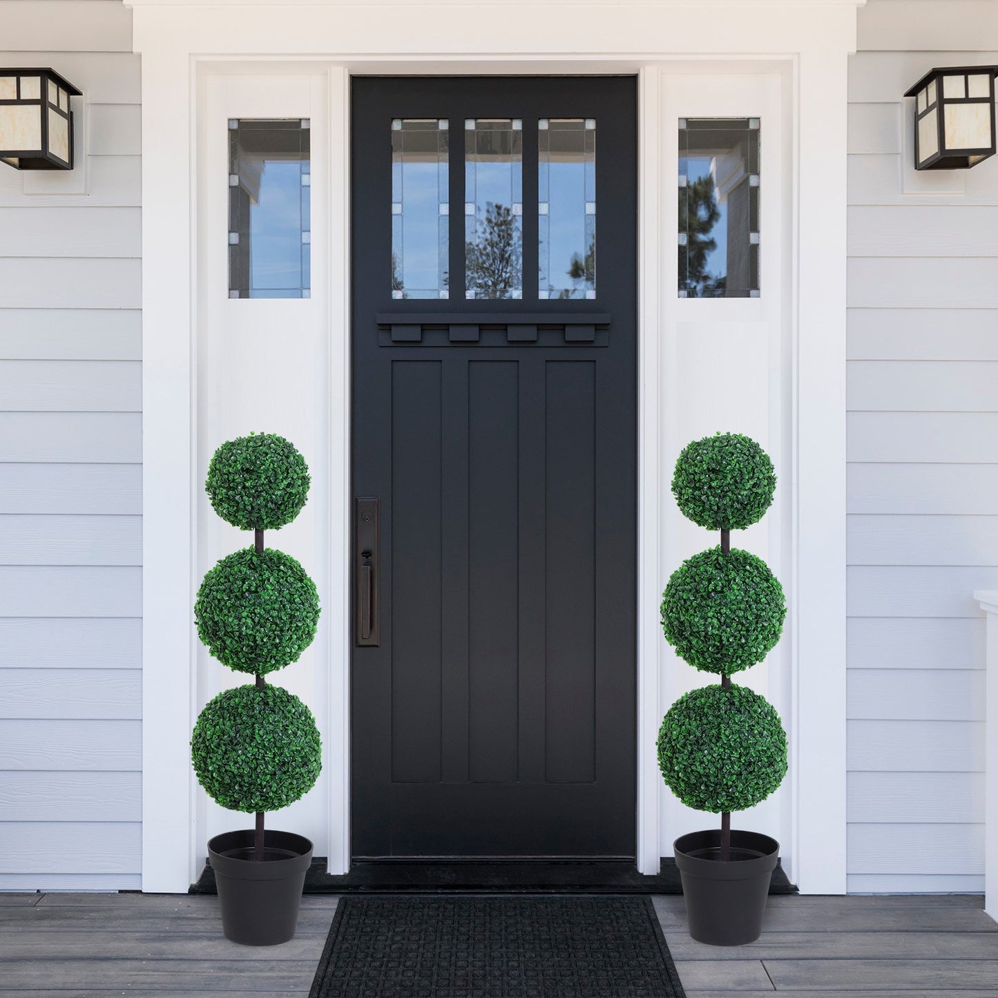 Outsunny PE Set of 2 Artificial Boxwood Three Balls Topiary Plant Tree's Green