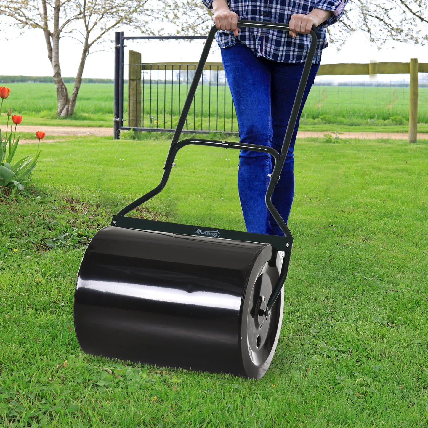 Outsunny Ø50cm Steel Garden Lawn Roller Push Pull w/ Fillable Cylinder Water Sand Plug Lawn Flatten Seed Sow Rolling Drum w/ Handle