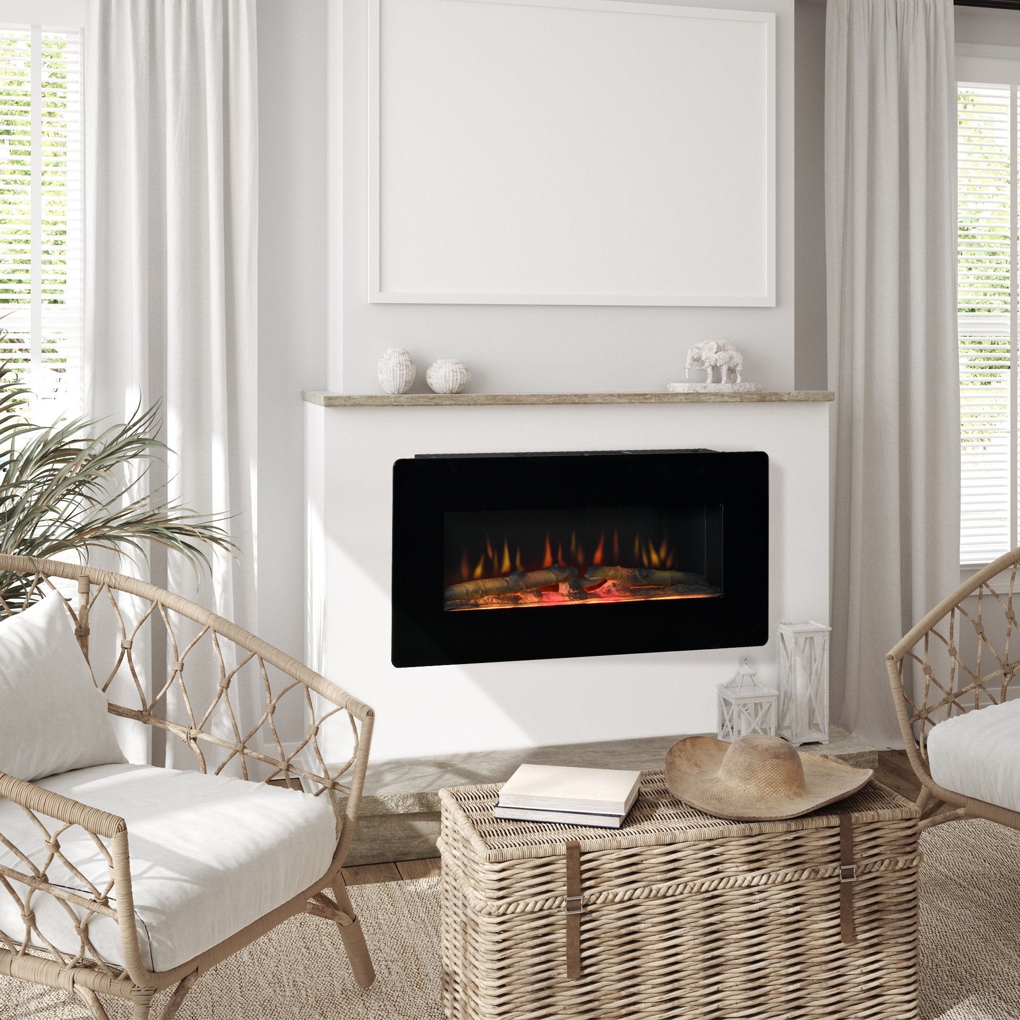 HOMCOM Electric Wall-Mounted Fireplace Heater with Adjustable Flame Ef