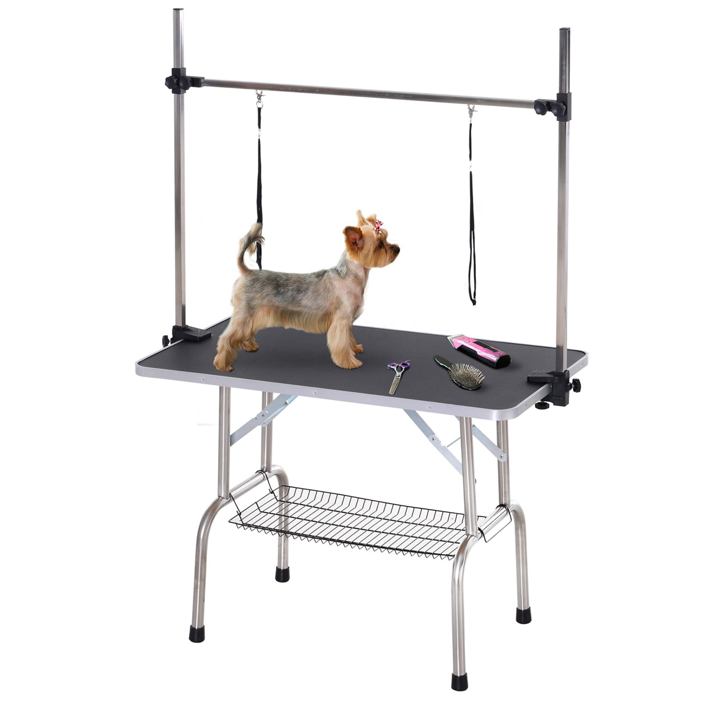 PawHut Dogs Adjustable Height Rubber Top Dog Baths Dog Grooming Table Safety Slings Mesh Storage Basket Metal Black