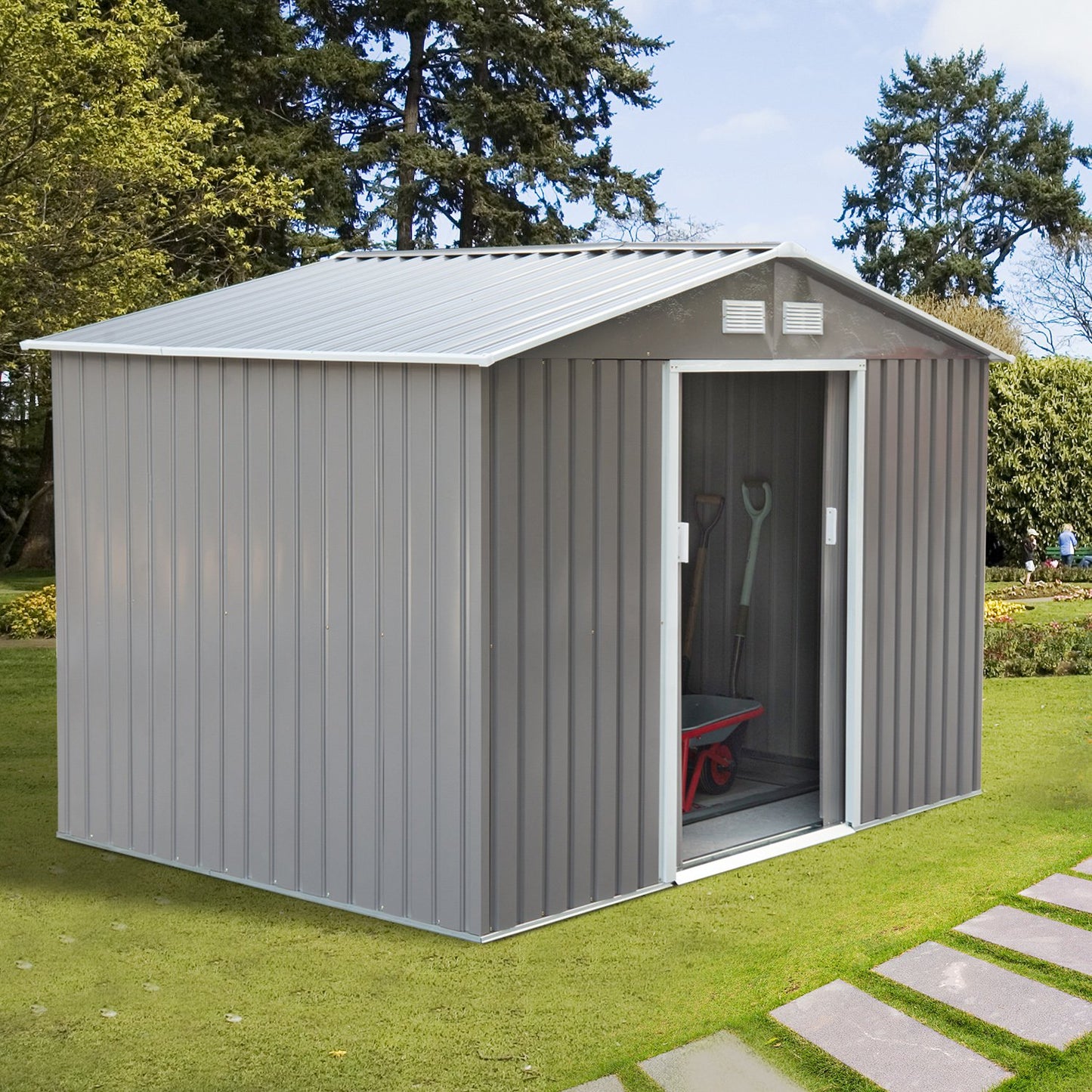 Outsunny 6.2 x 9ft Galvanized Steel Garden Shed & Foundation - Grey